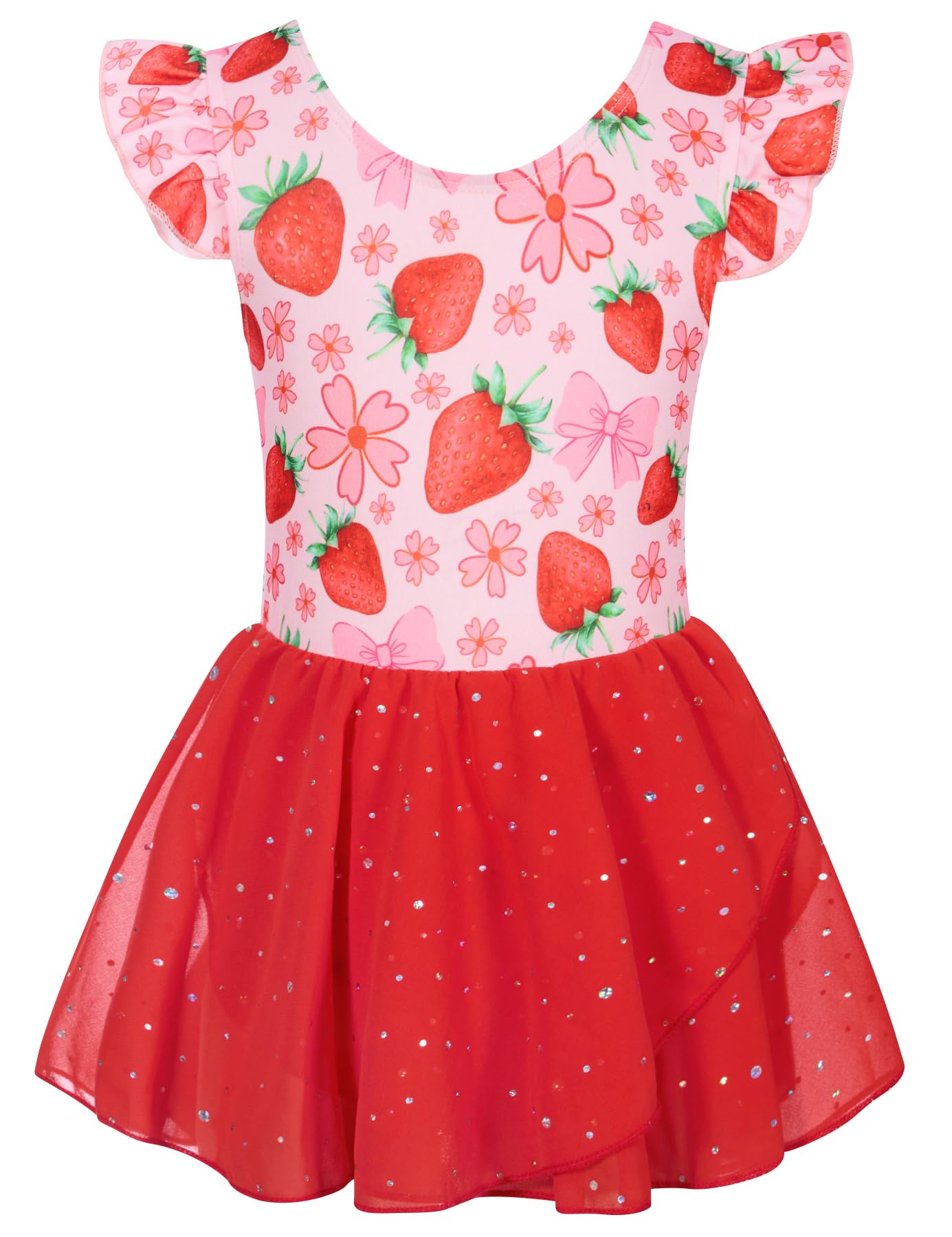 Girls red strawberry print dance dress with sparkling skirt, adorable ballet outfit for toddlers and young girls.
