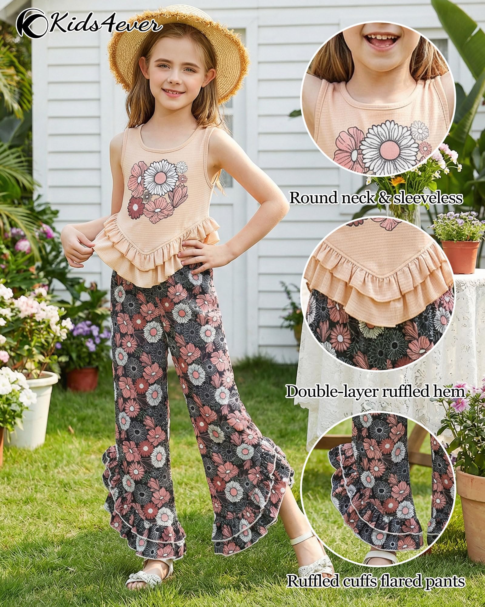 Close up details of girls ruffle tank top and pants set showing lightweight fabric, layered ruffle design and comfortable summer outfit details.
