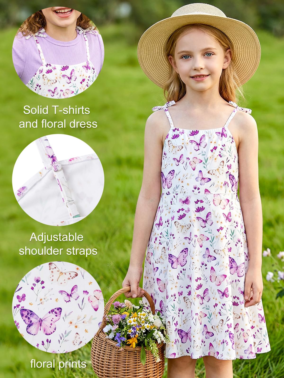 Close up of girls sundress set showing floral print, adjustable straps and matching T-shirt top design.