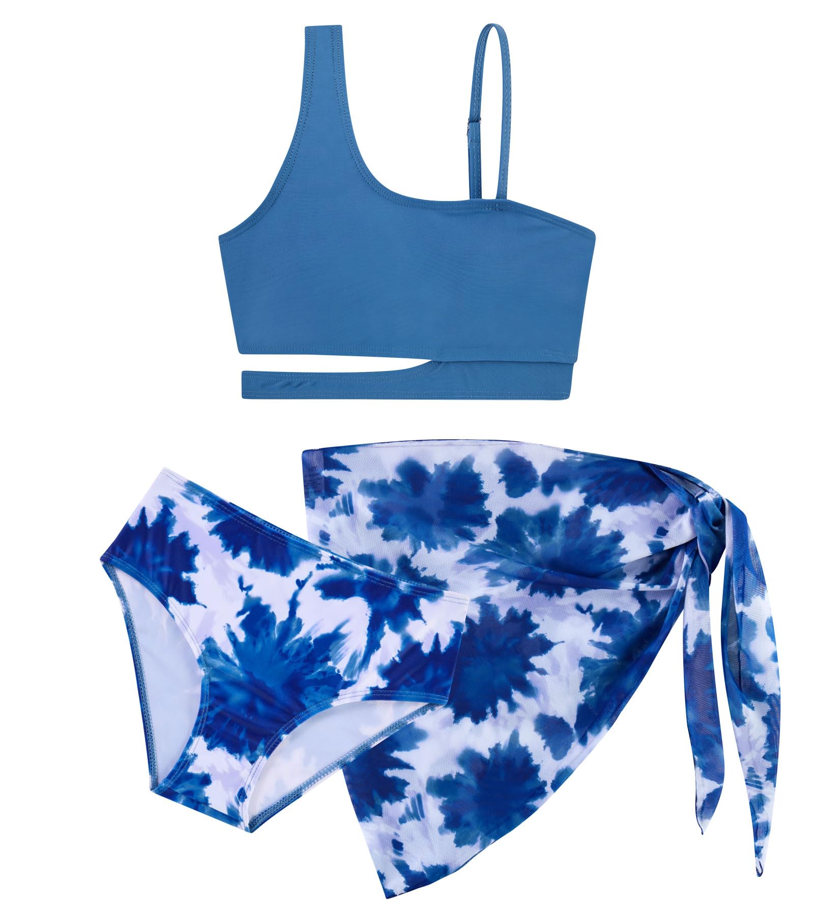 Girls Tropical Bloom three piece swimsuit featuring colorful floral patterns and a matching wrap skirt.