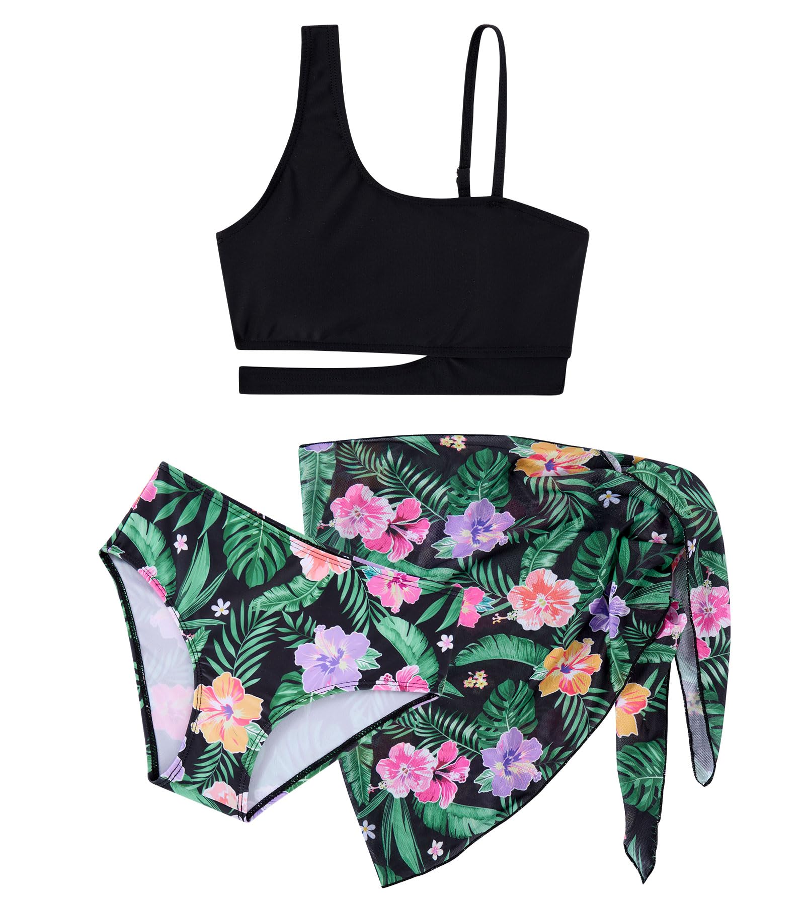 Girls Tropical Palm swimsuit set featuring tropical leaf patterns and matching skirt for beach and pool activities.