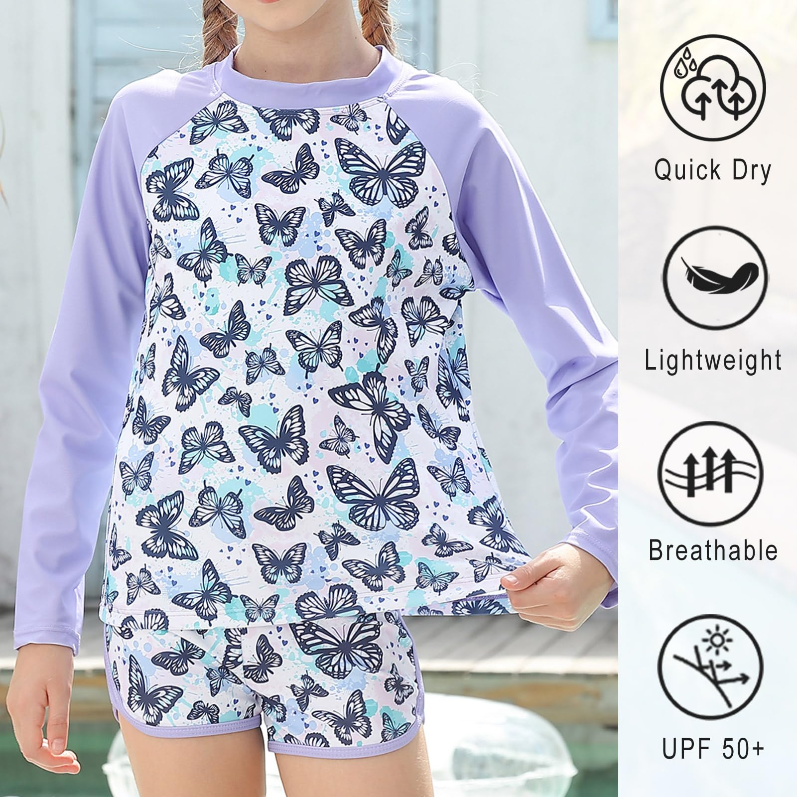 Langarm-Rashguard-Badeanzug für Mädchen mit UPF 50+ Sonnenschutz, schnell trocknendem, leichtem Stoff und atmungsaktivem Design zum Schwimmen im Freien.