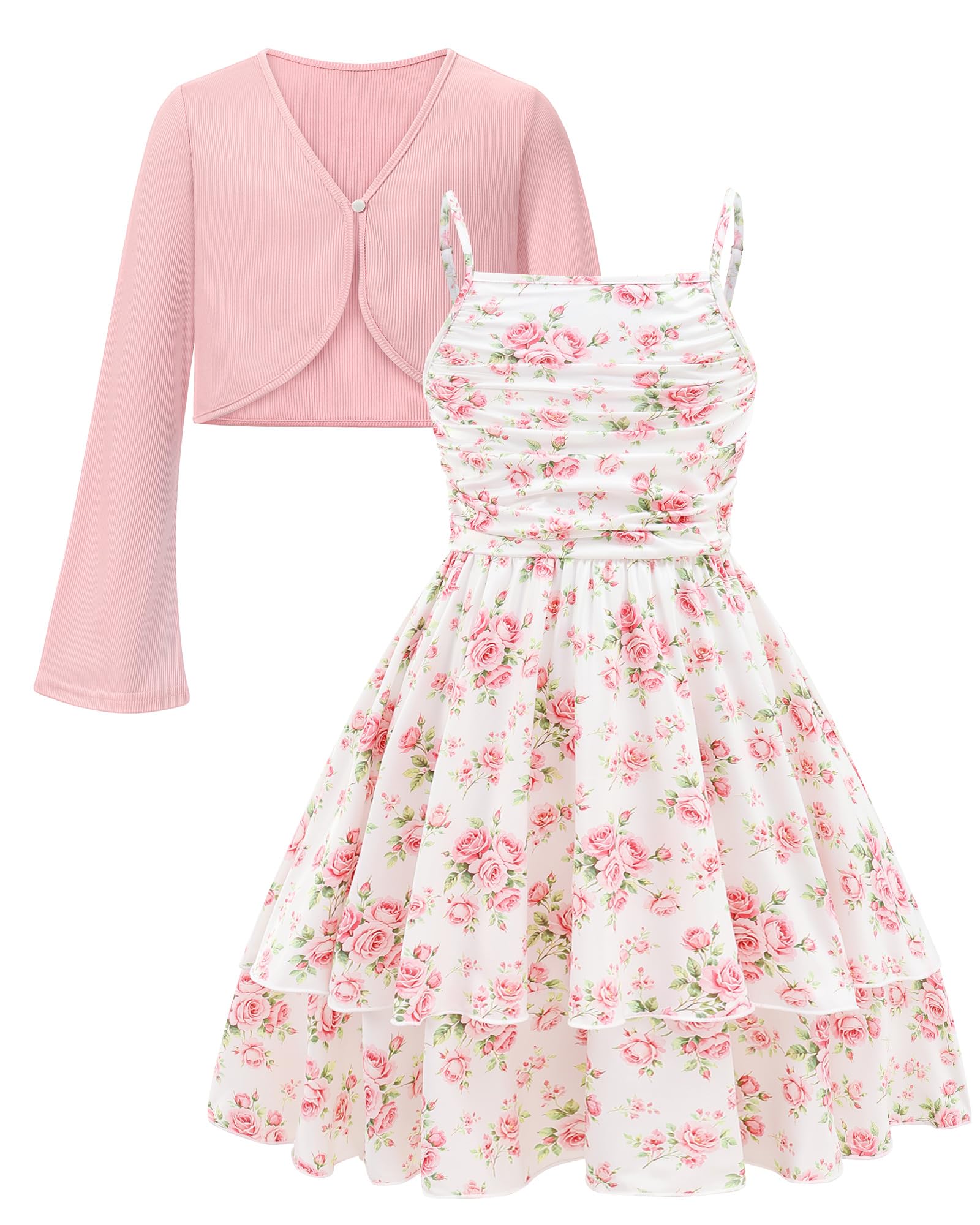 Girls Vintage Pink Floral dress and cardigan featuring a classic floral pattern with a soft vintage-inspired style.
