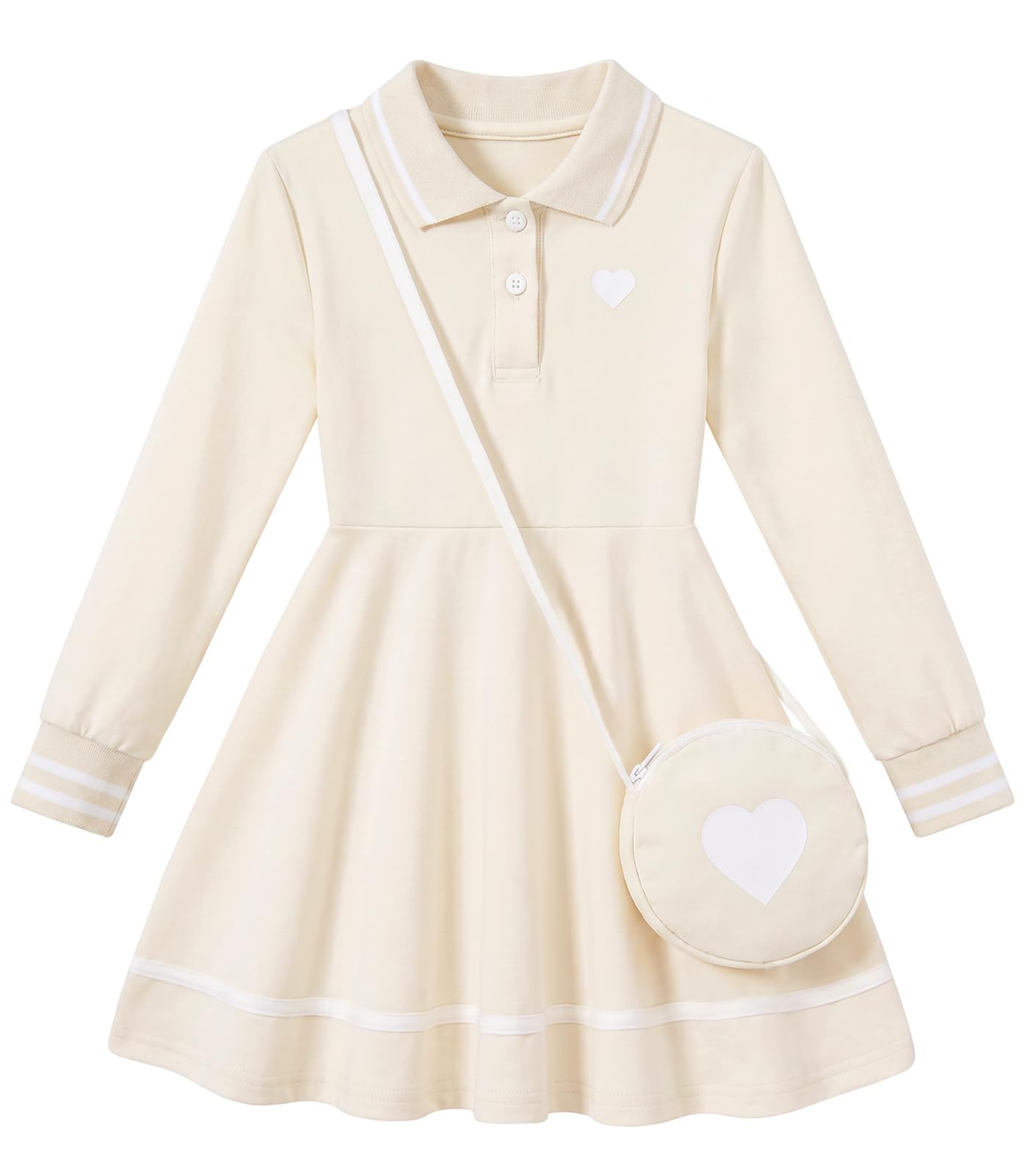 Girls white long sleeve polo dress with matching heart shoulder bag, elegant collared kids dress for school and special occasions.