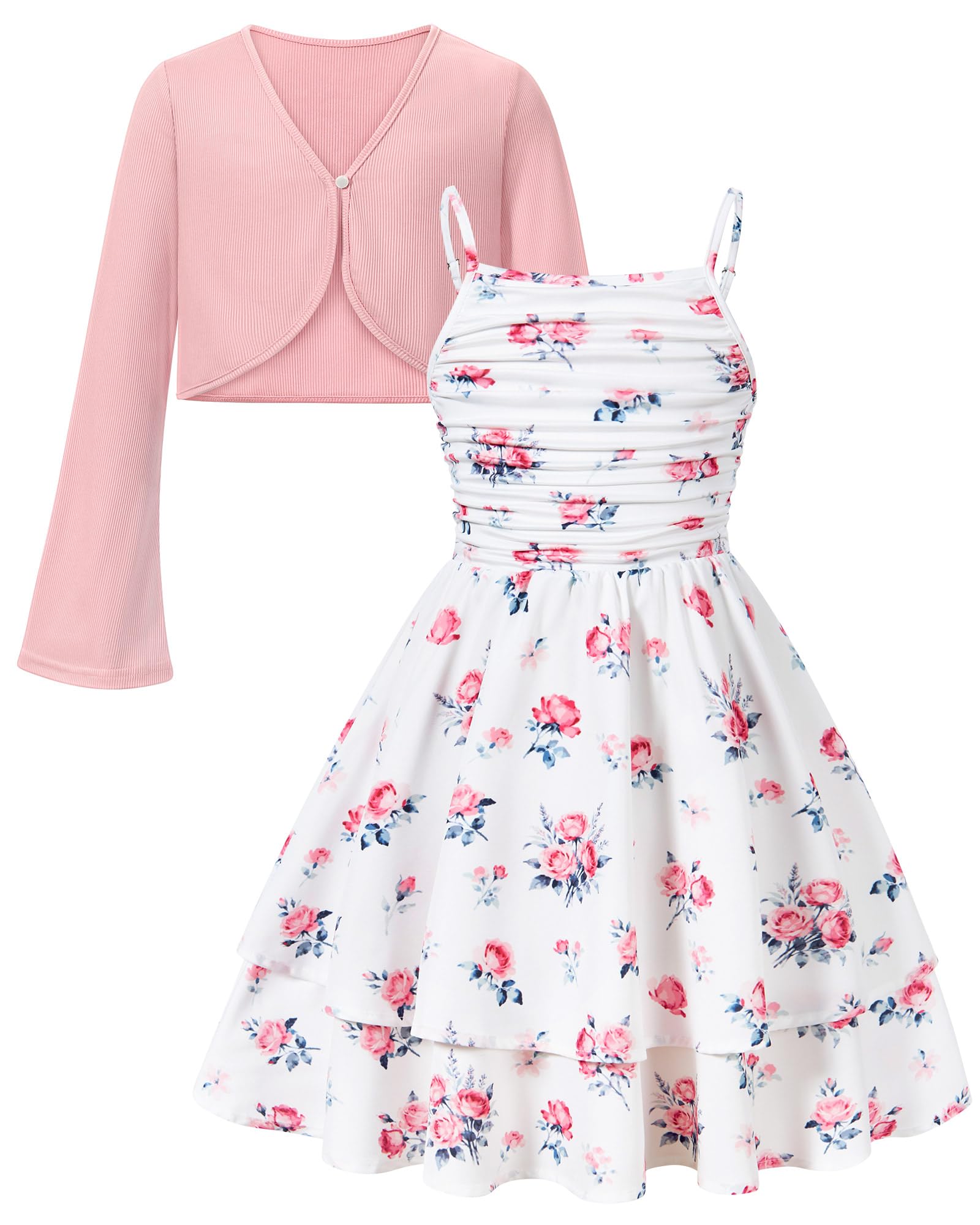 Girls Wildflower Pink floral dress with lightweight cardigan inspired by blooming wildflowers and spring gardens.