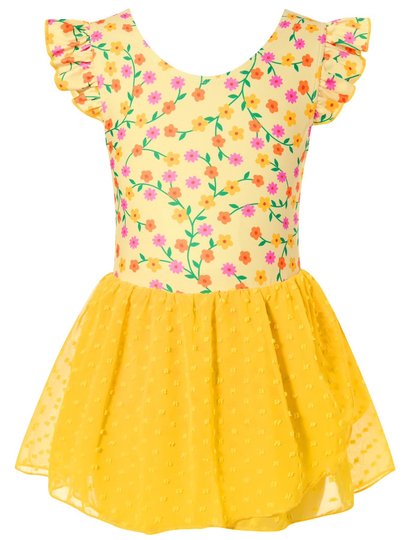Girls yellow floral ballet dress with colorful printed bodice and flowing chiffon skirt, perfect for dance activities.