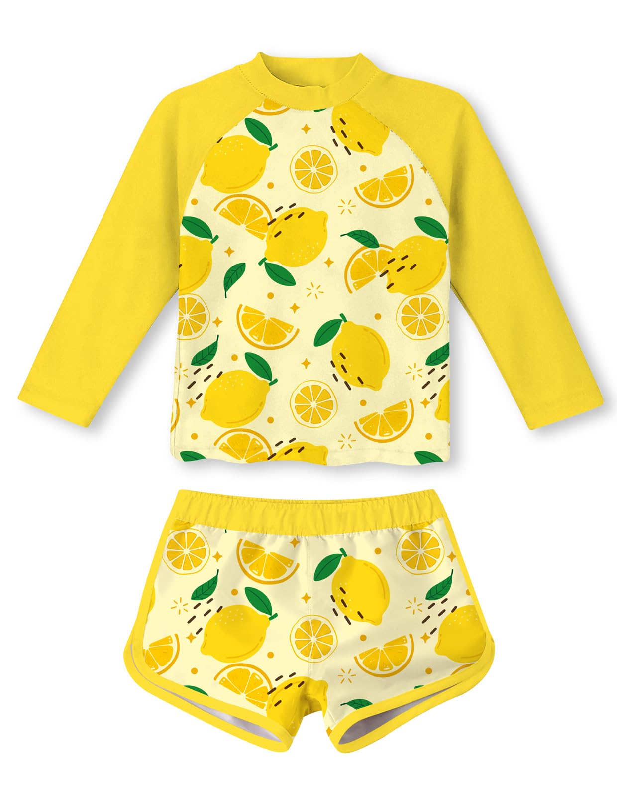 Girls yellow lemon print swim set with long sleeve rash guard top and shorts, bright fruit pattern swimwear for summer.