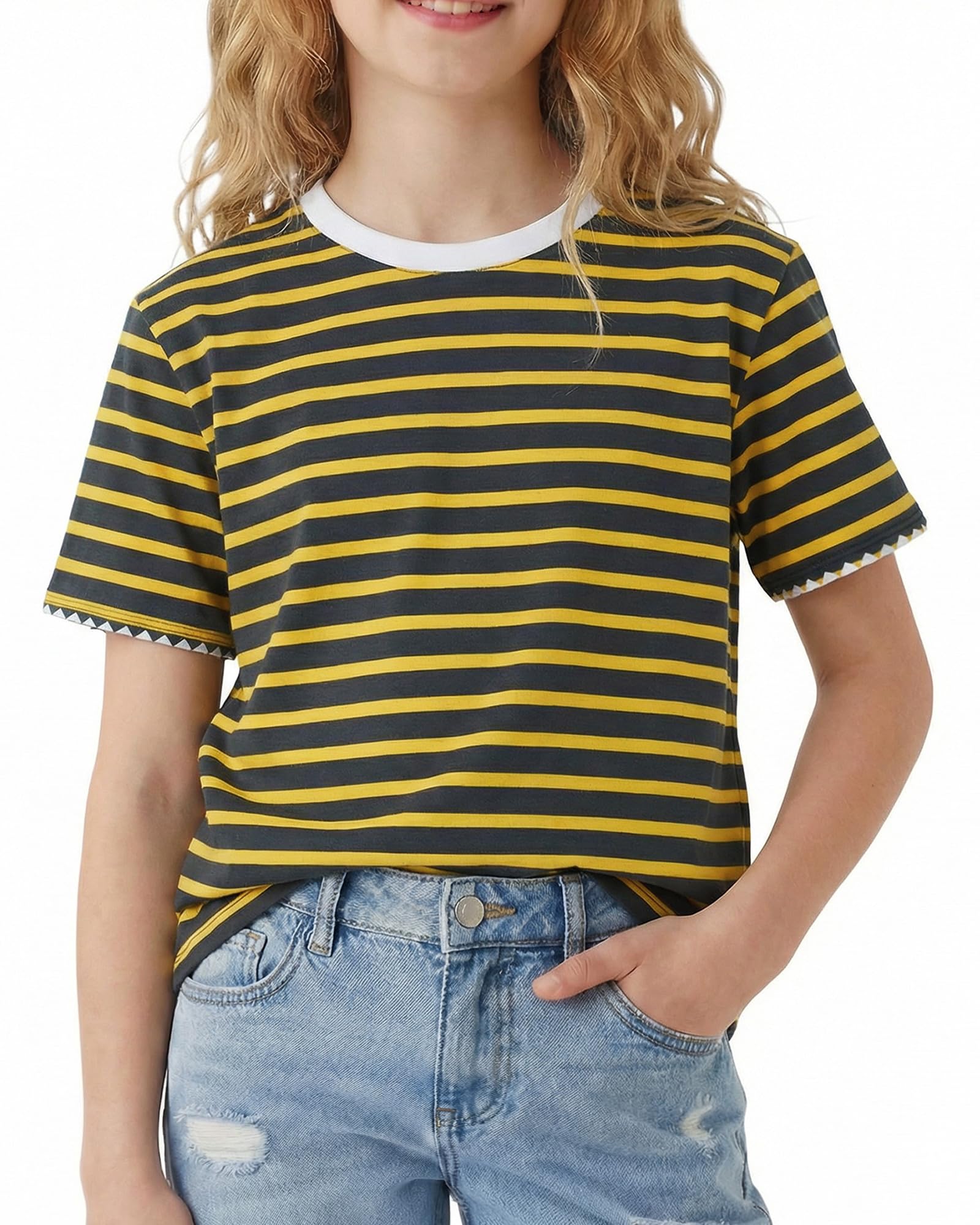 Girls yellow striped short sleeve top with cotton blend fabric, lightweight casual shirt for kids.