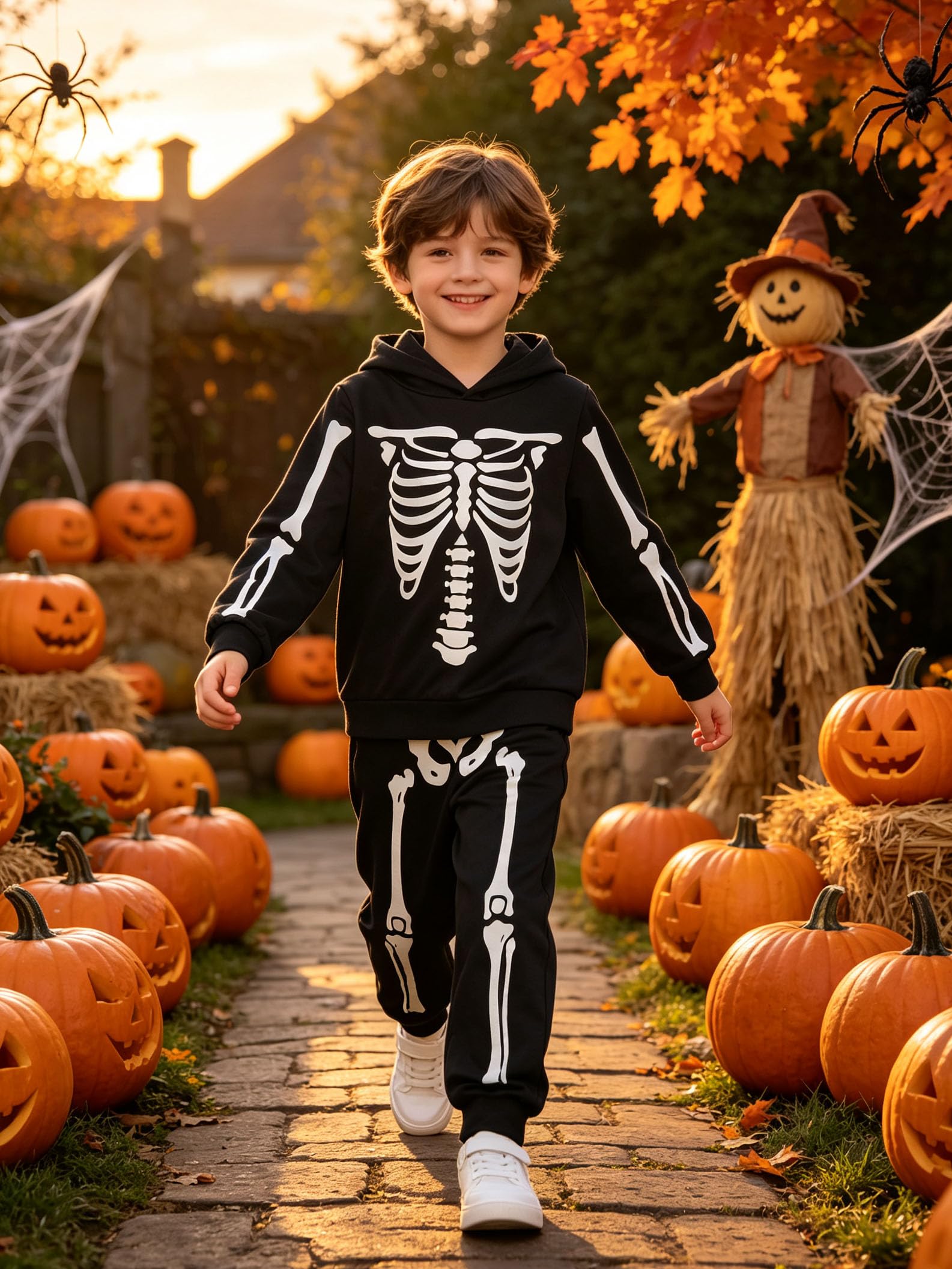 Kids skeleton costume glowing in the dark with bright green bone graphics, showing the luminous Halloween costume effect after absorbing light.