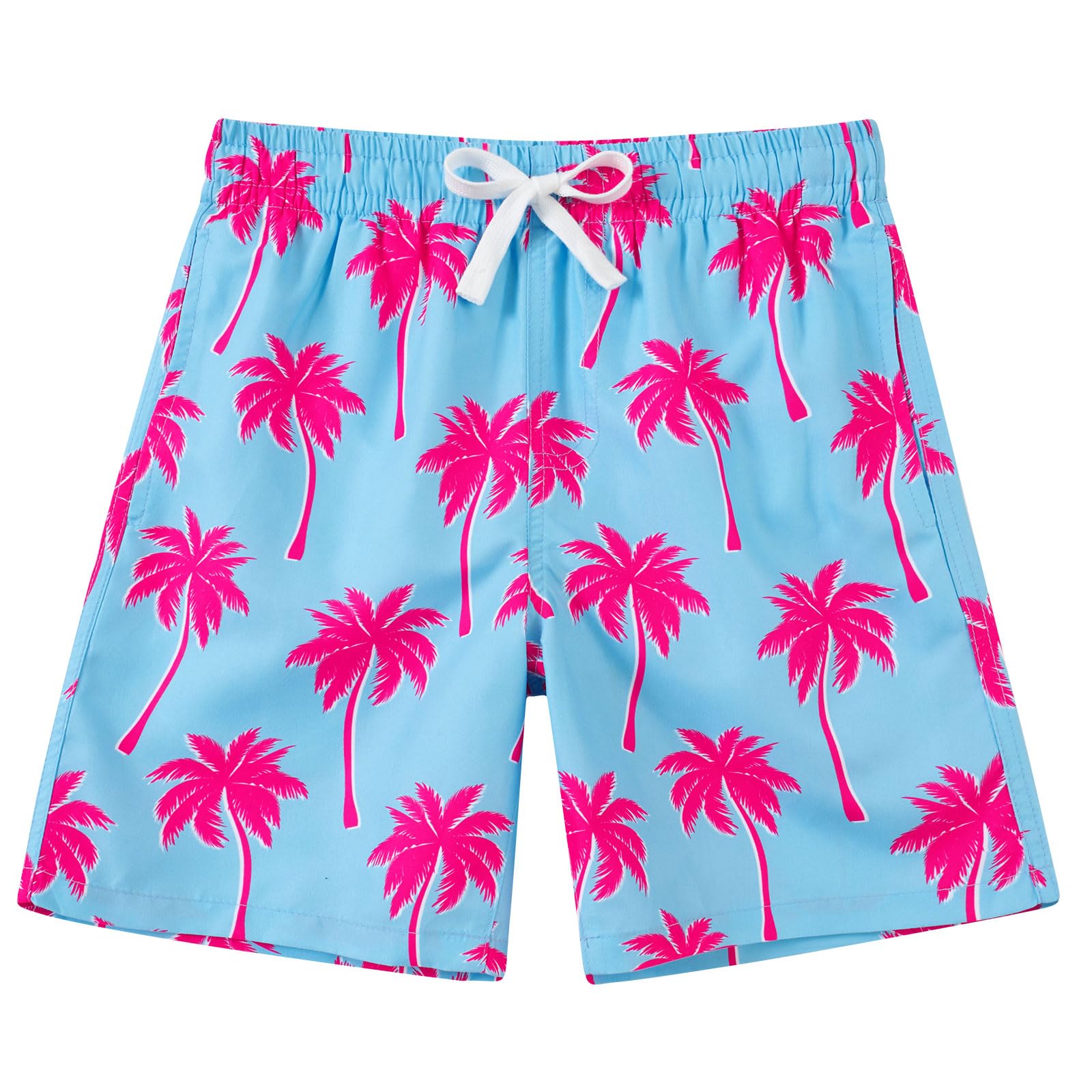boys green banana print swim trunks with tropical summer design