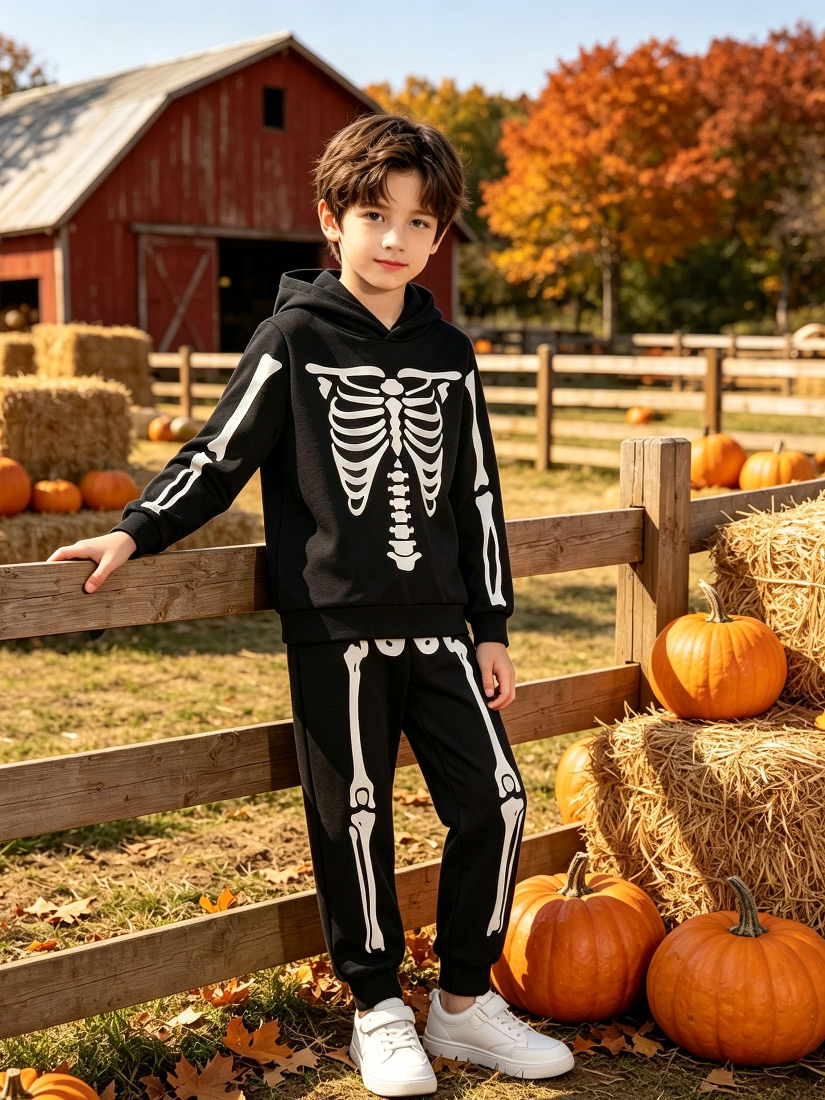 Child wearing a skeleton Halloween costume set at a fall themed party scene, showing the hooded top and matching pants design.