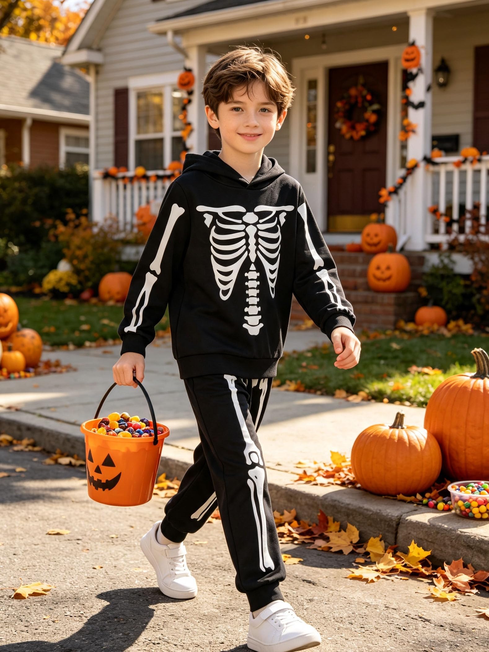 Child wearing a black glow skeleton hoodie and pants costume outdoors during Halloween season, showing the full two piece costume look.