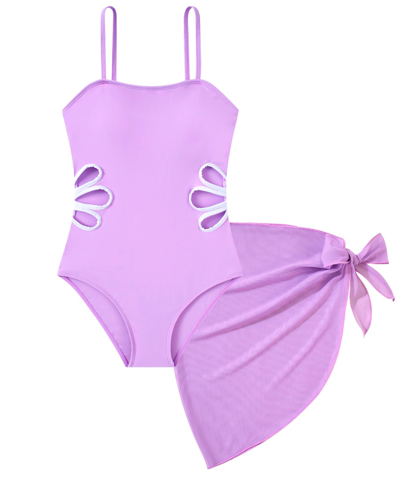 light purple girls one piece swimsuit with decorative side cutouts and matching wrap skirt