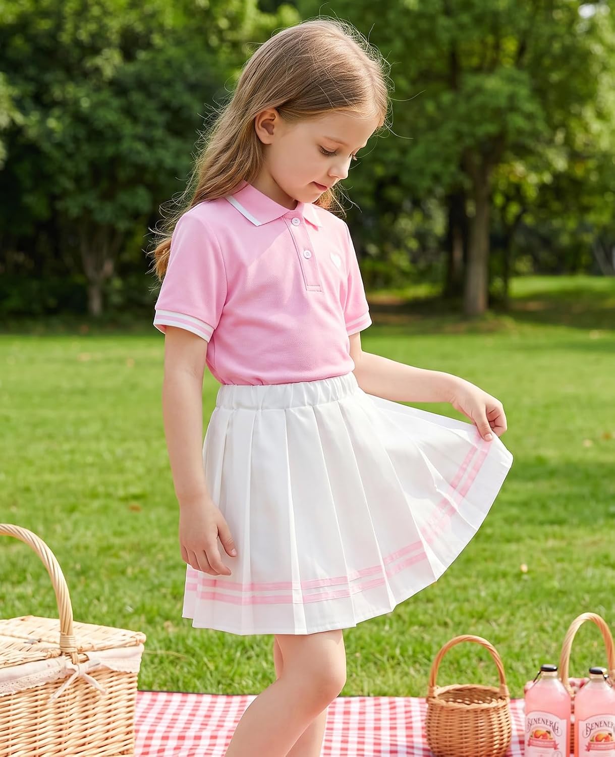 little girl wearing pink tennis polo dress set outdoors with pleated skirt summer outfit