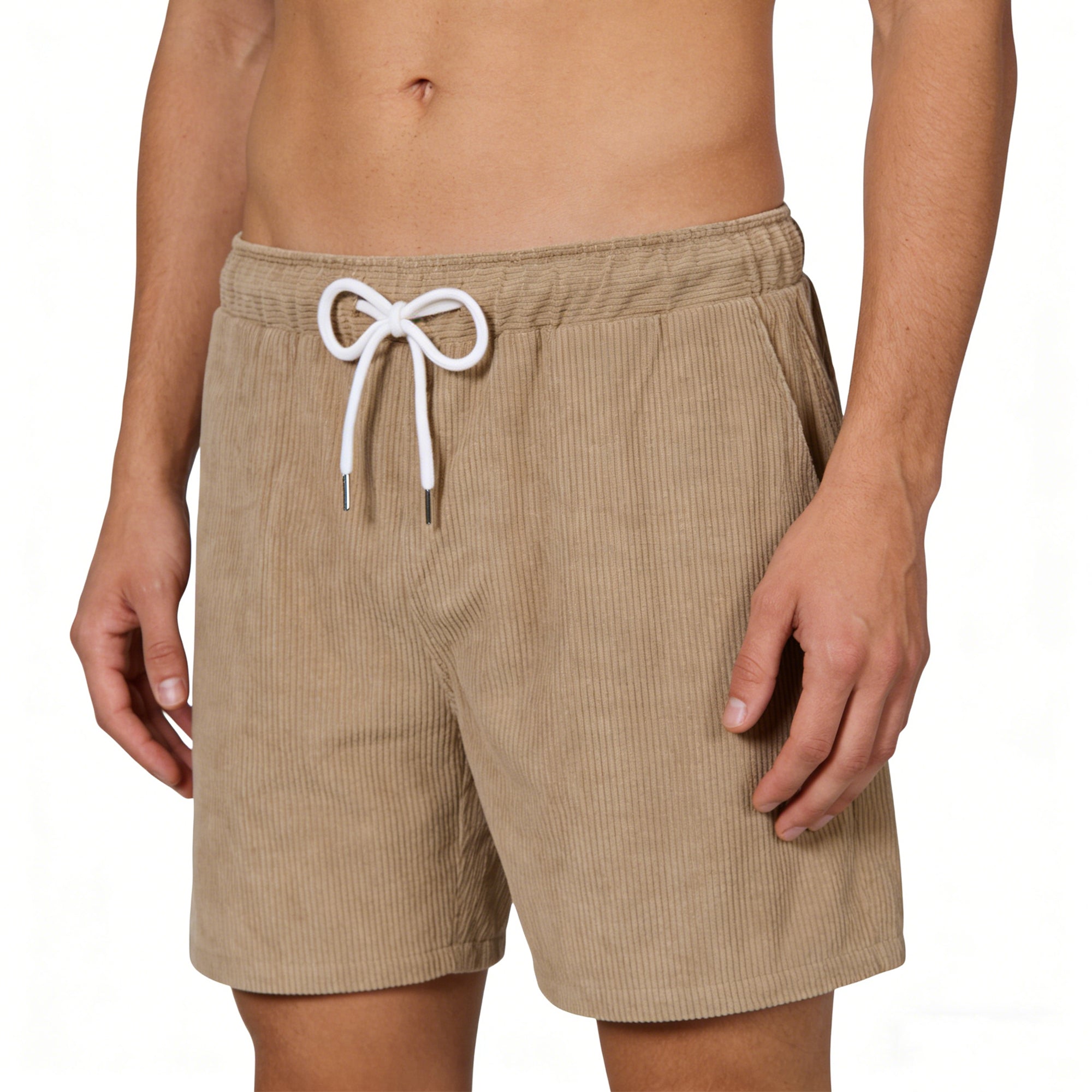 Man wearing linen blend shorts showing relaxed fit, drawstring waistband and comfortable summer casual style.