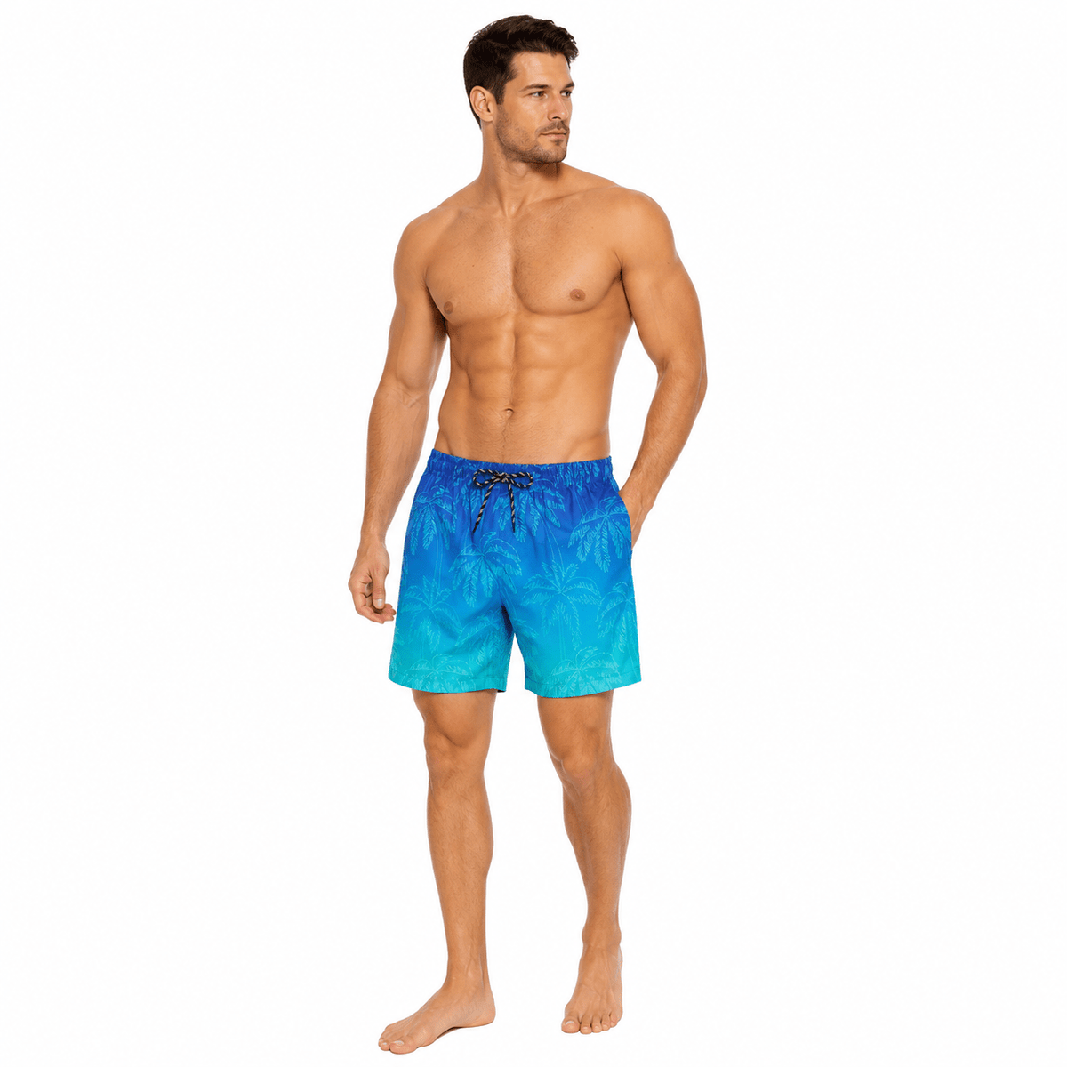 Man wearing matching swim trunks with compression liner and quick dry fabric, stylish beach shorts for summer vacations.