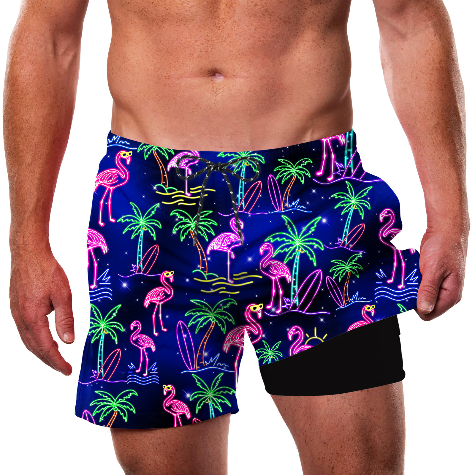 Men neon flamingo print swim trunks with tropical palm tree pattern, quick dry beach shorts designed for summer vacations and pool days.