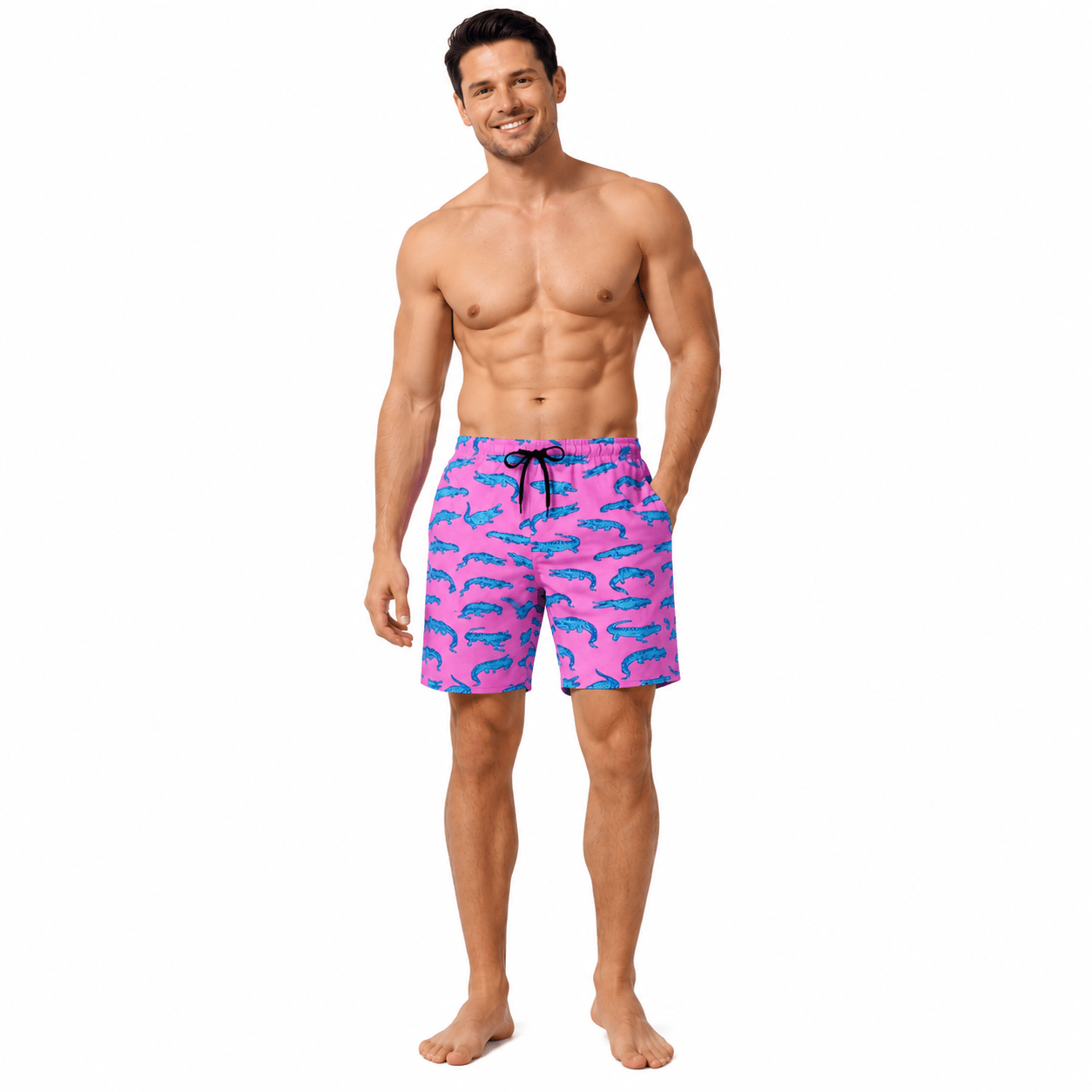 Mann trägt rosafarbene Krokodil-Badehose mit bequemer Passform, schnell trocknendem Stoff und stilvollem Sommer-Strandmode-Design.