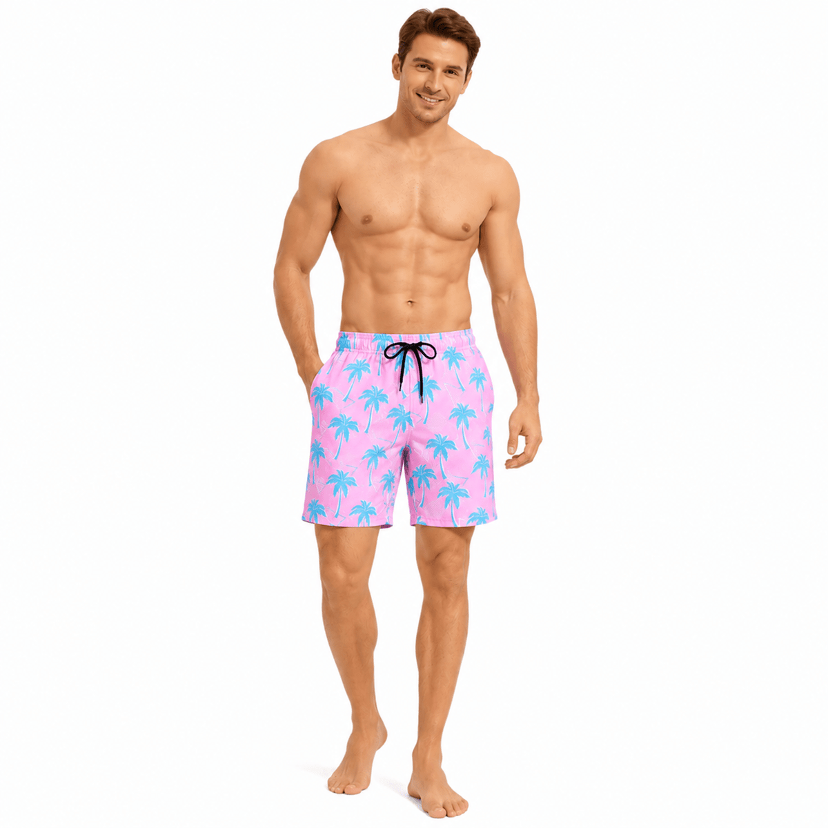 Man wearing pink maple leaf printed swim trunks with comfortable fit, perfect summer beach shorts for vacations.
