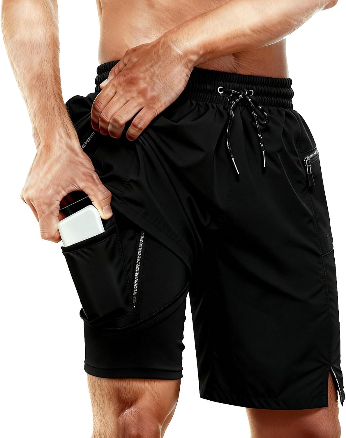 Black men's 2-in-1 workout shorts with built-in compression liner and phone pocket.