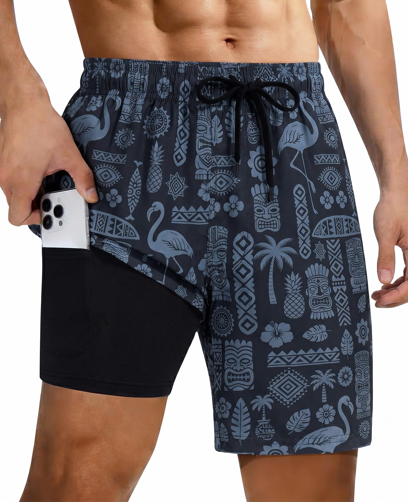 Schwarz bedruckte Herren-Badehose mit modernem Resort-Wear-Design