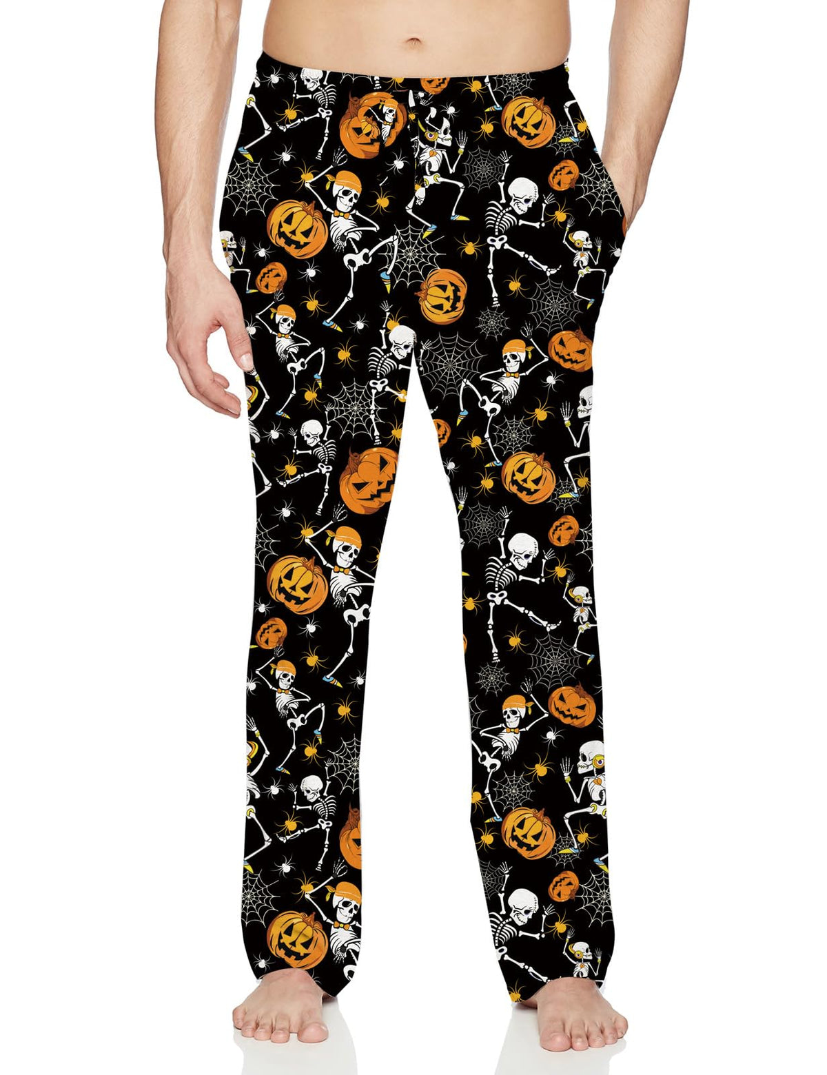 Men's black pumpkin print pajama pants with orange Halloween graphics and comfortable relaxed fit for fall lounging and sleepwear.