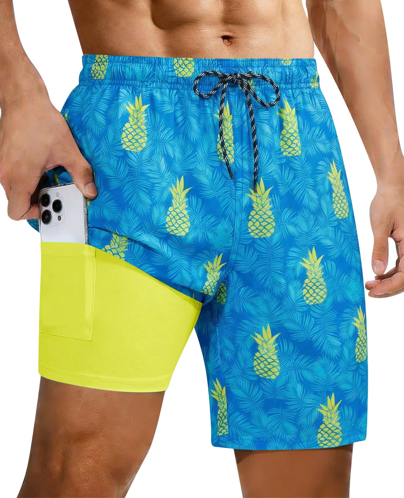 Blaue Herren-Badehose mit Ananas-Print für Strand- und Poolurlaube