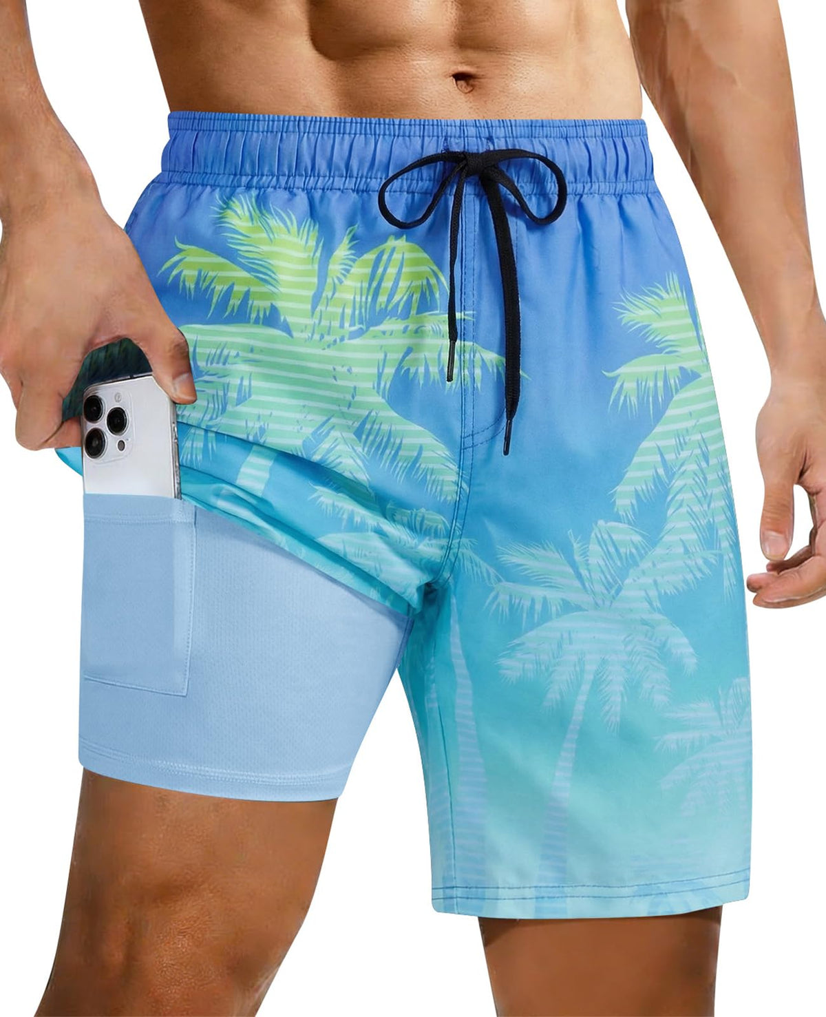 Men's blue printed swim shorts with lightweight quick dry fabric