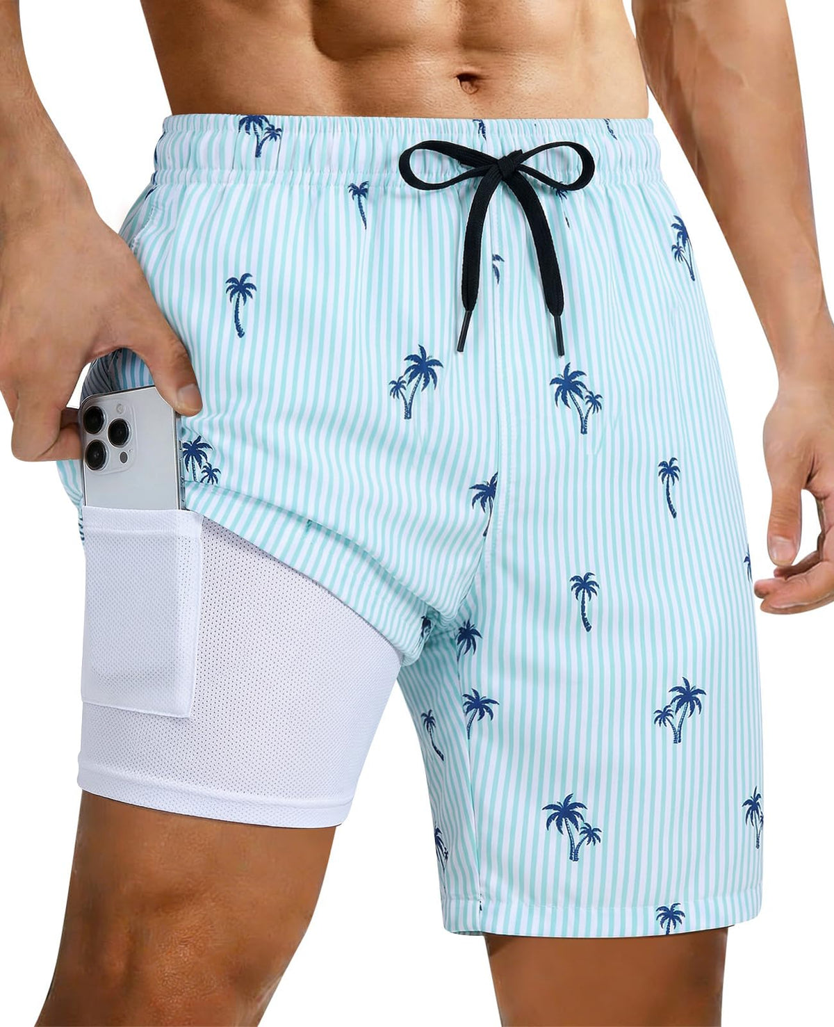 Men's blue striped swim trunks with classic summer beach style