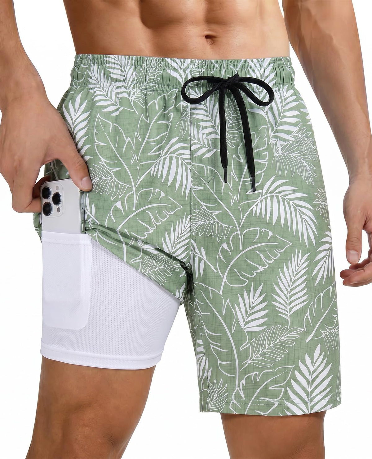 Men's green leaf pattern swim shorts with tropical vacation style