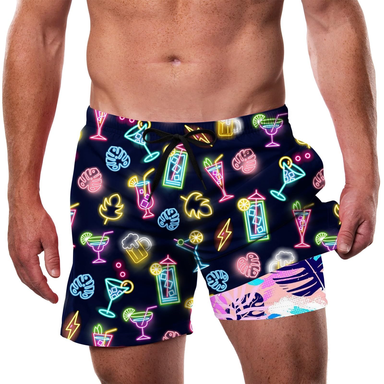 men's black neon cocktail print swim trunks with colorful tropical drink graphics and contrast compression liner