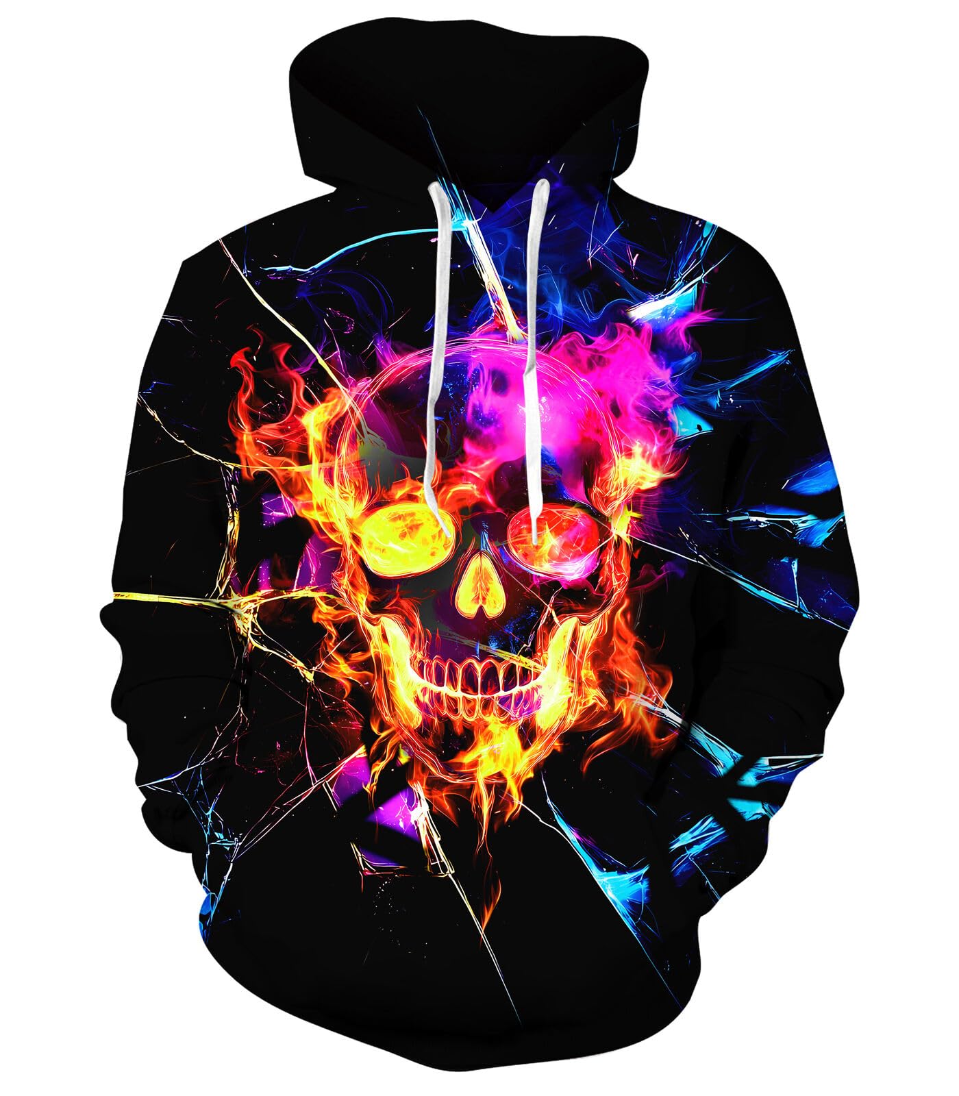 Men's black hoodie with colorful neon skull graphic, long sleeves and bold 3D print for Halloween parties and casual street style.