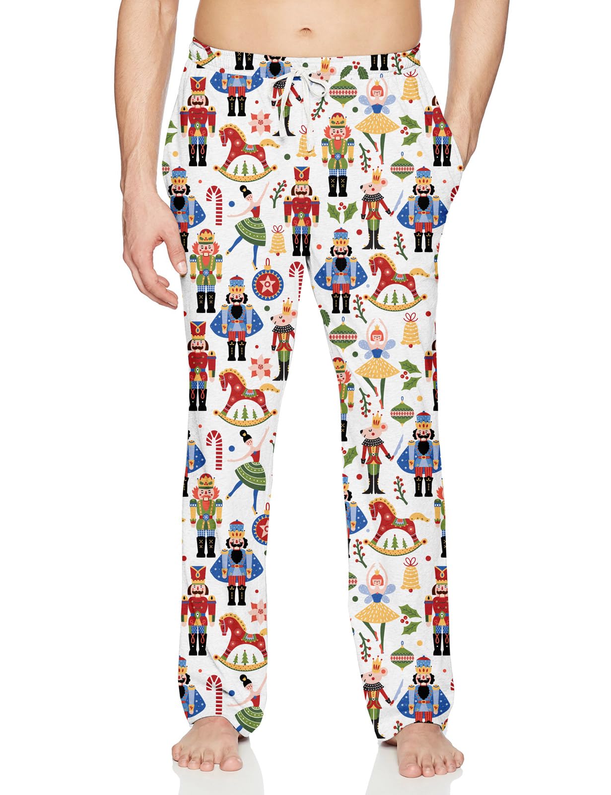 Men's Nutcracker print pajama pants with colorful festive characters and relaxed full-length fit for Christmas sleepwear and holiday lounging.