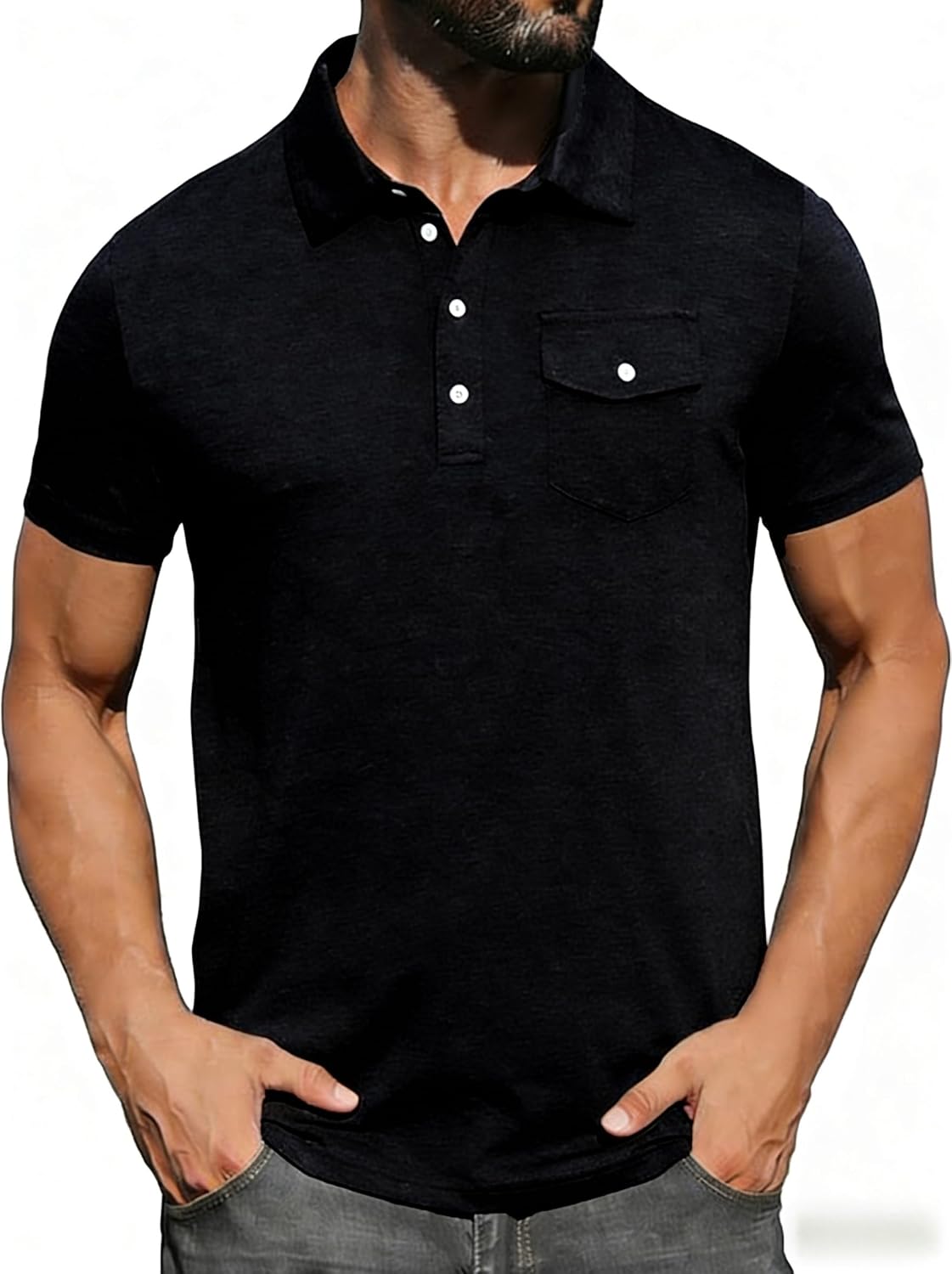 AIDEALOOM men's black performance polo shirt with four-way stretch fabric and short sleeves.