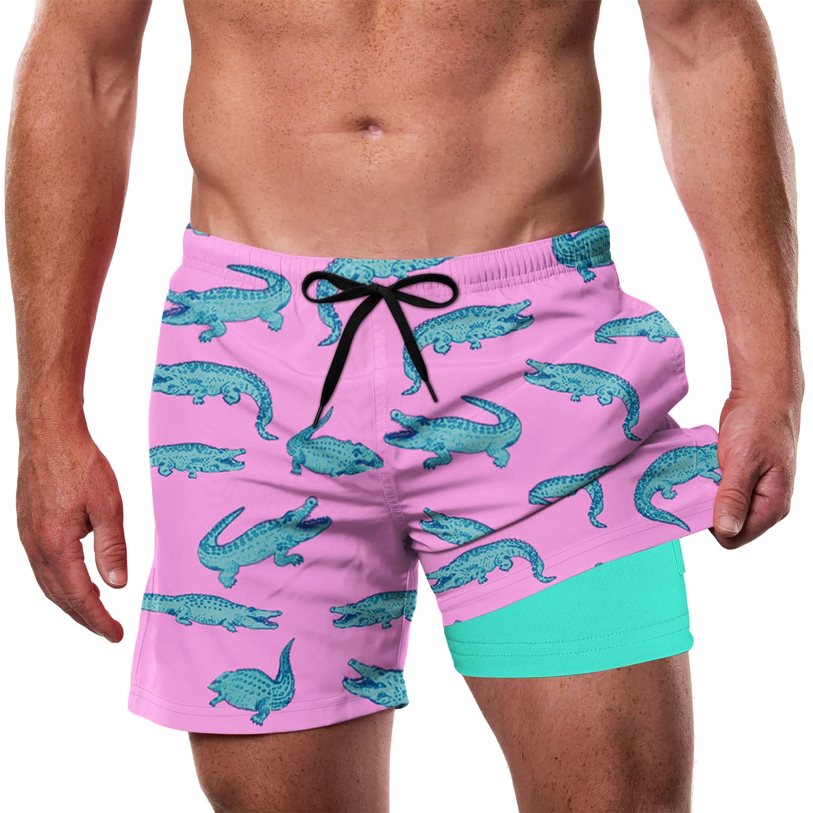 Rosafarbene Herren-Badehose mit Krokodildruck, mintfarbenem Kompressionsfutter und verstellbarem schwarzem Kordelzug in der Taille
