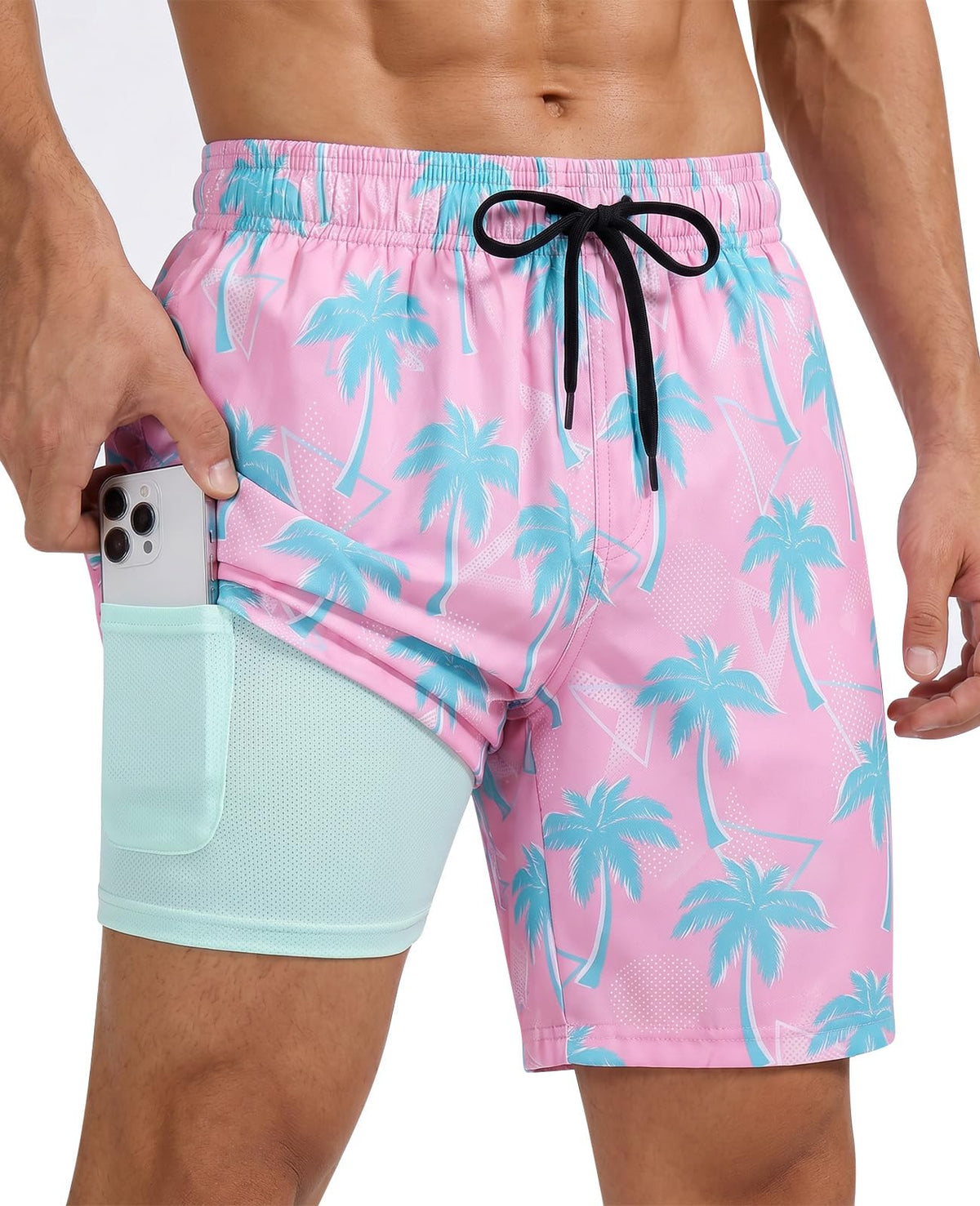 Men's pink palm tree print swim trunks for tropical beach vacations