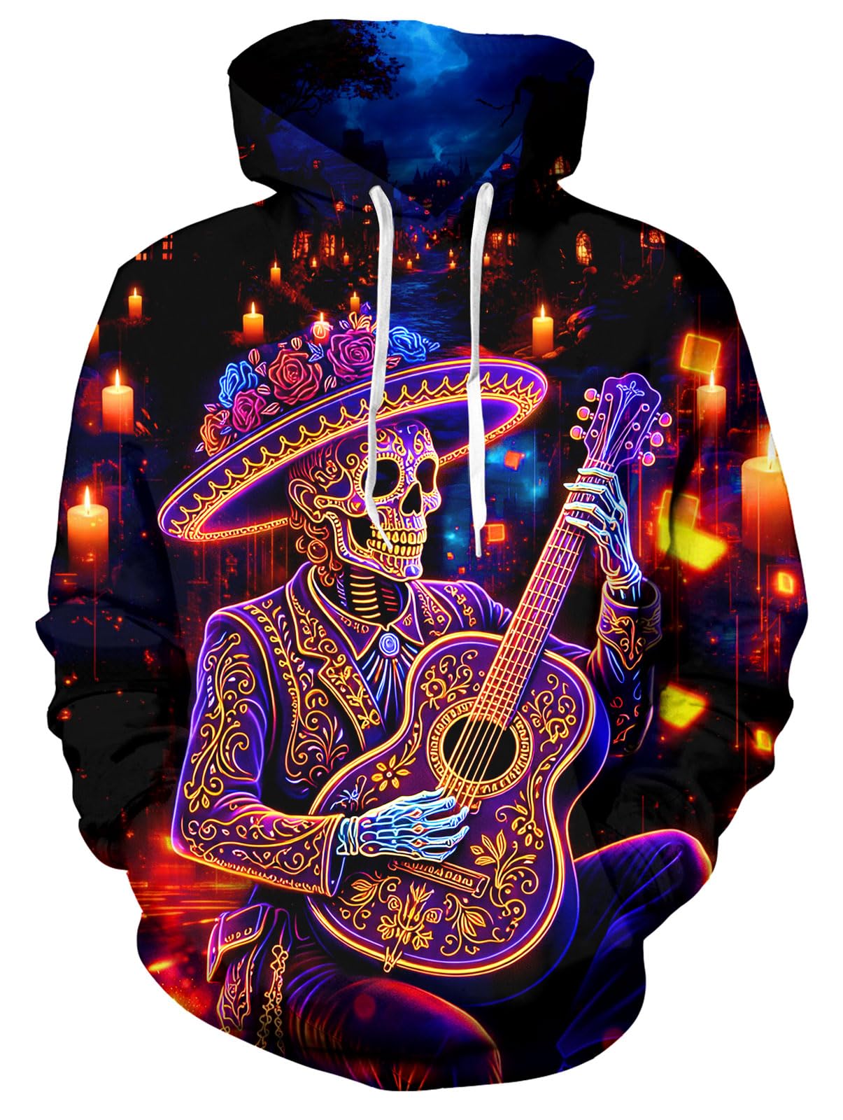 Men's psychedelic skeleton graphic hoodie with vivid multicolor artwork and pullover design for bold casual and Halloween styling.