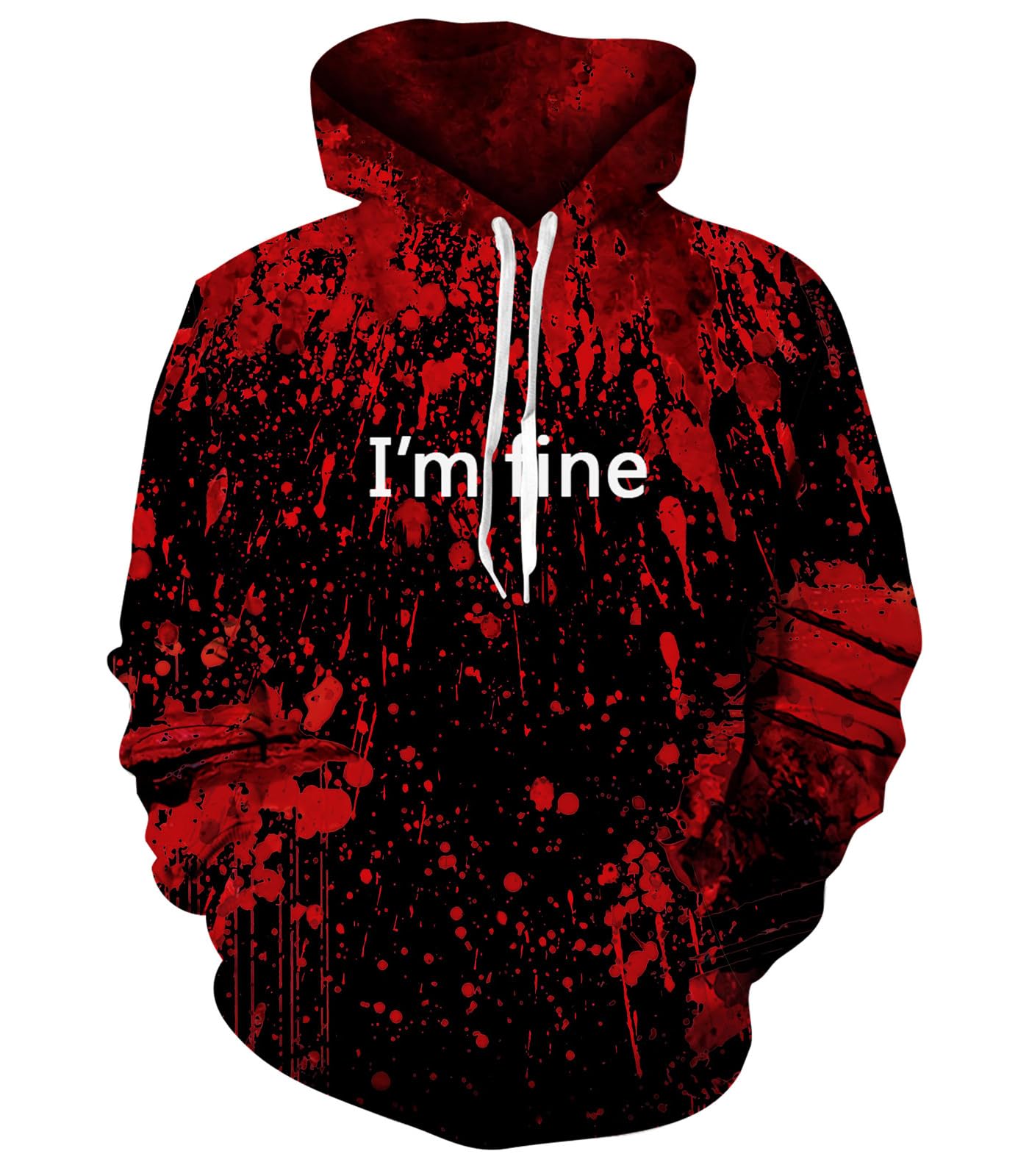 Men's red and black blood splash graphic hoodie with bold horror print and pullover design for parties, Halloween and streetwear.