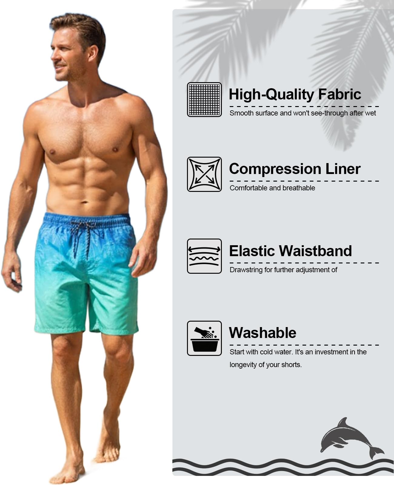 Men's swim trunks showing quick dry fabric, compression liner, pockets and adjustable waistband features