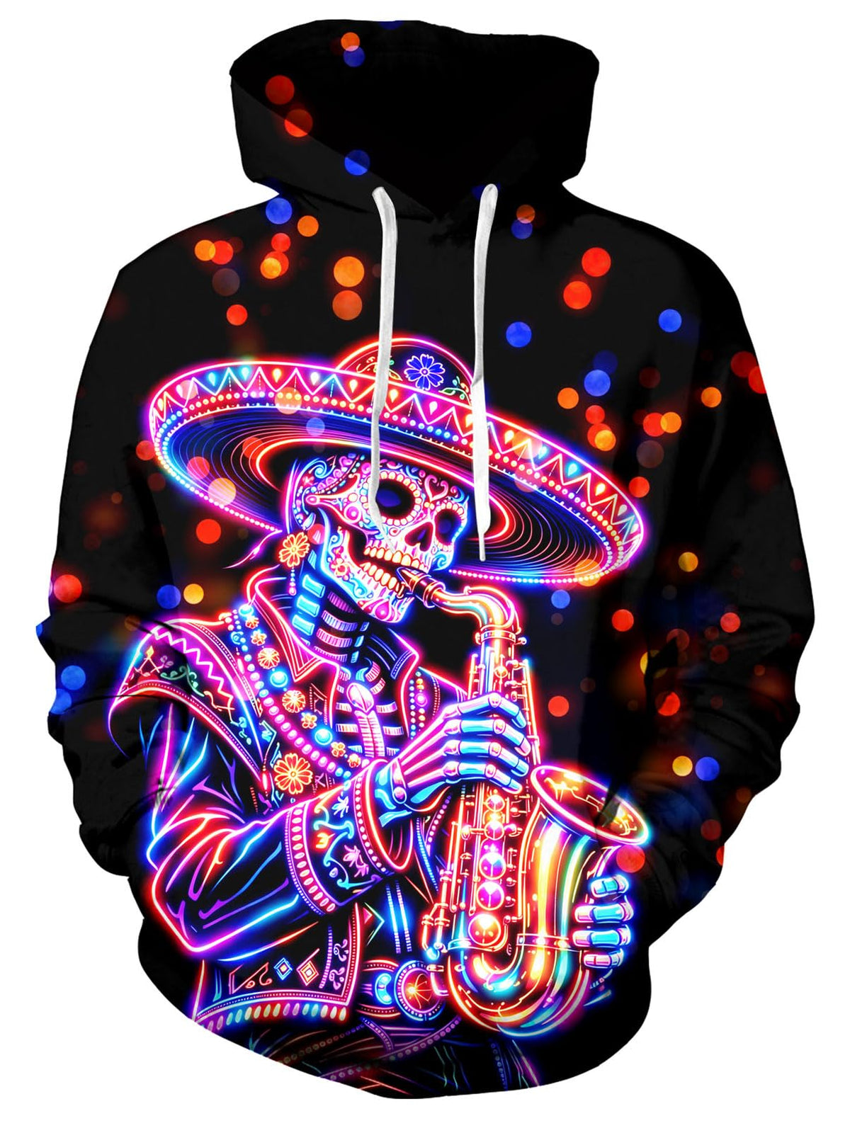 Men's Trippy Skull pullover hoodie with colorful psychedelic skull artwork and long sleeve design for bold casual and party wear.