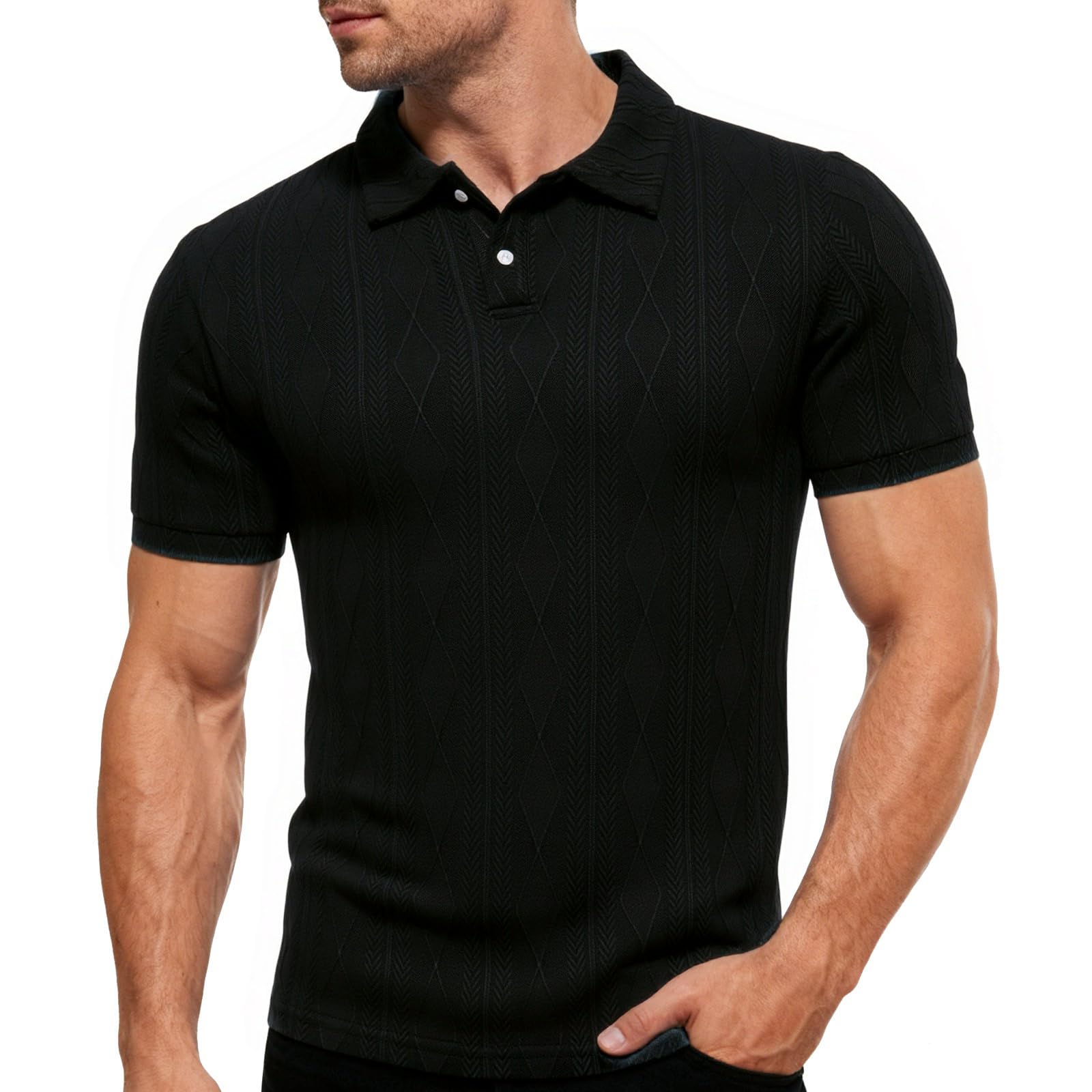 Men's black textured knit polo shirt with short sleeves and classic collar, a versatile solid-color top for everyday smart casual wear.