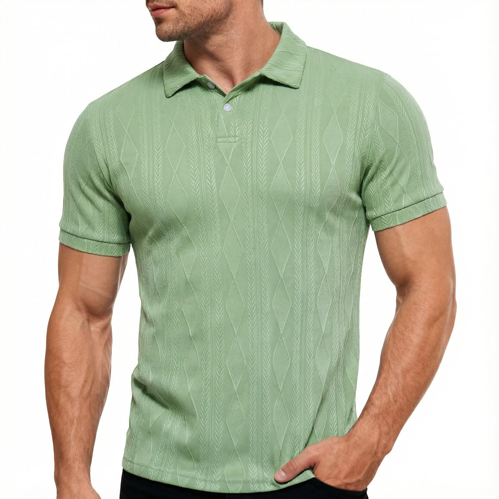 Men's green textured knit polo shirt featuring short sleeves, classic collar and subtle texture for versatile casual styling.