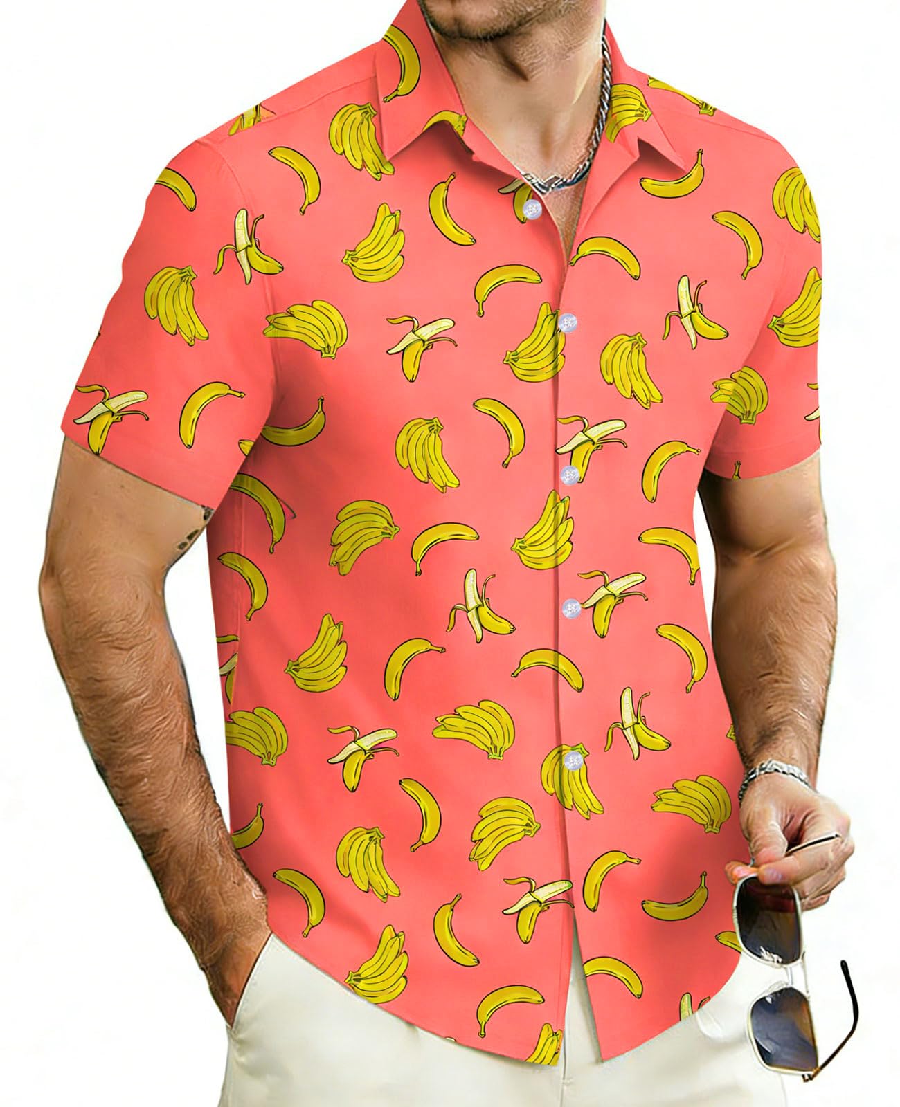 Men's orange tropical shirt with banana print for summer resort wear.