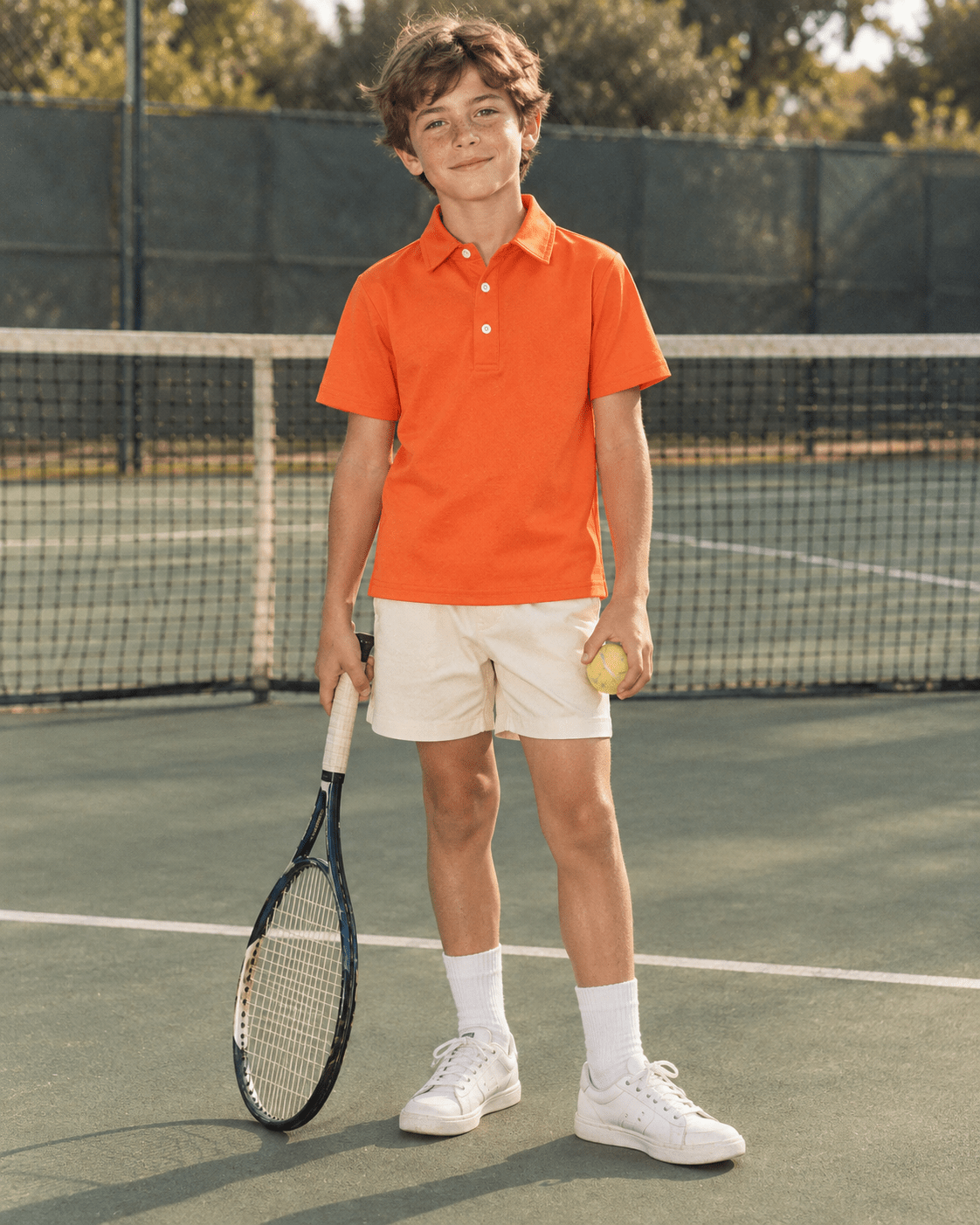 Boy wearing an orange polo shirt on a tennis court, showing the classic collar, short sleeves and relaxed sporty outfit style.