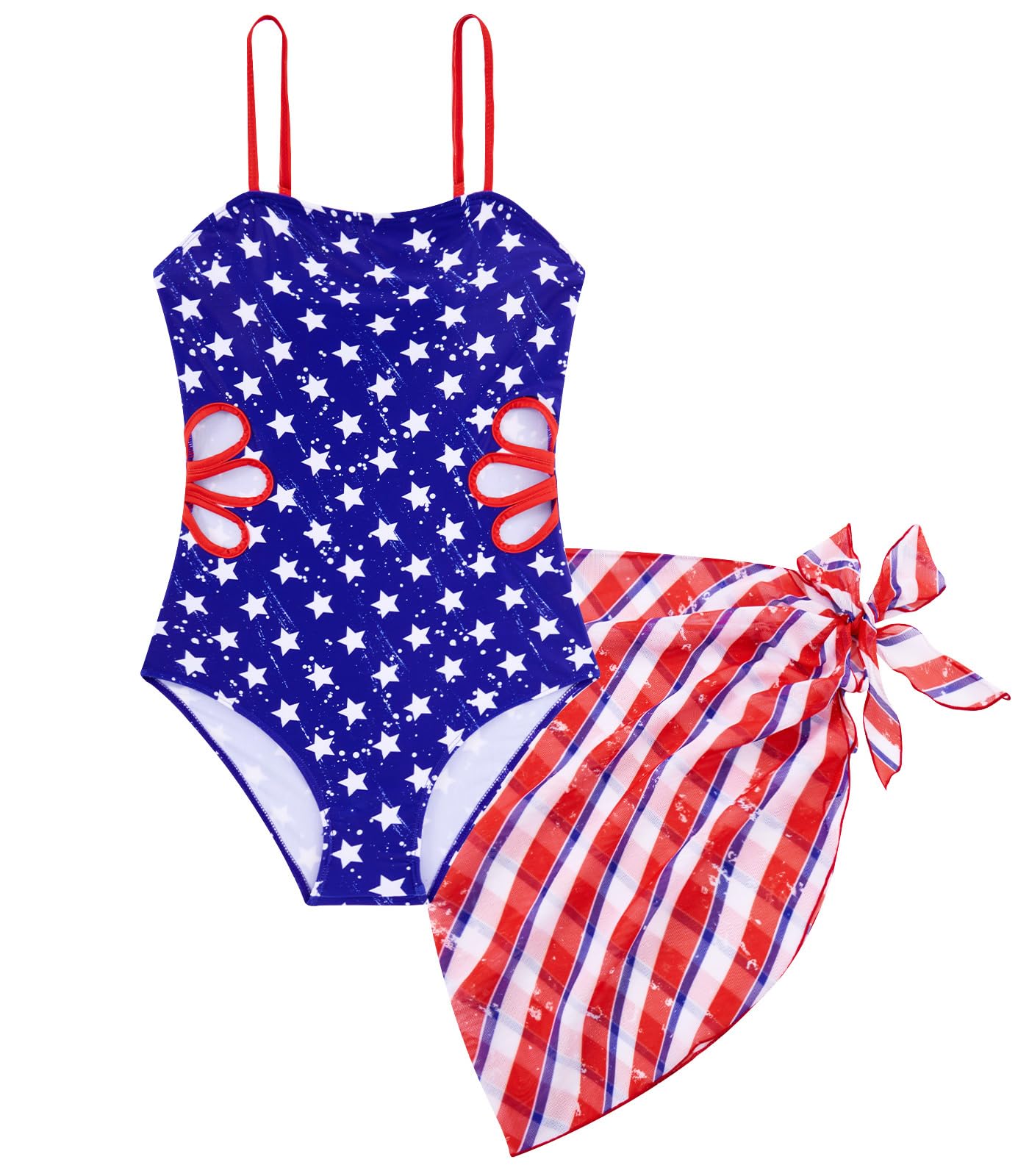 patriotic print girls one piece swimsuit with matching wrap skirt