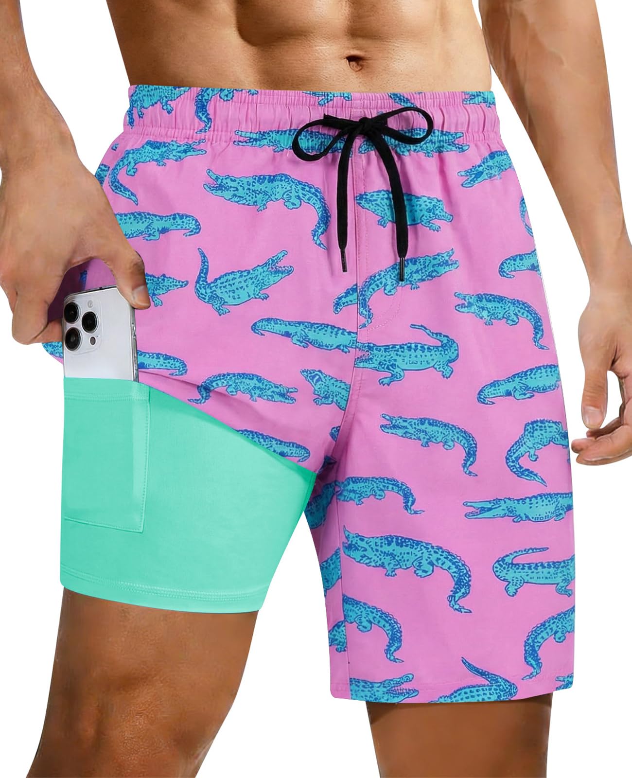 Men's pink crocodile print swim trunks with tropical pattern and quick dry fabric
