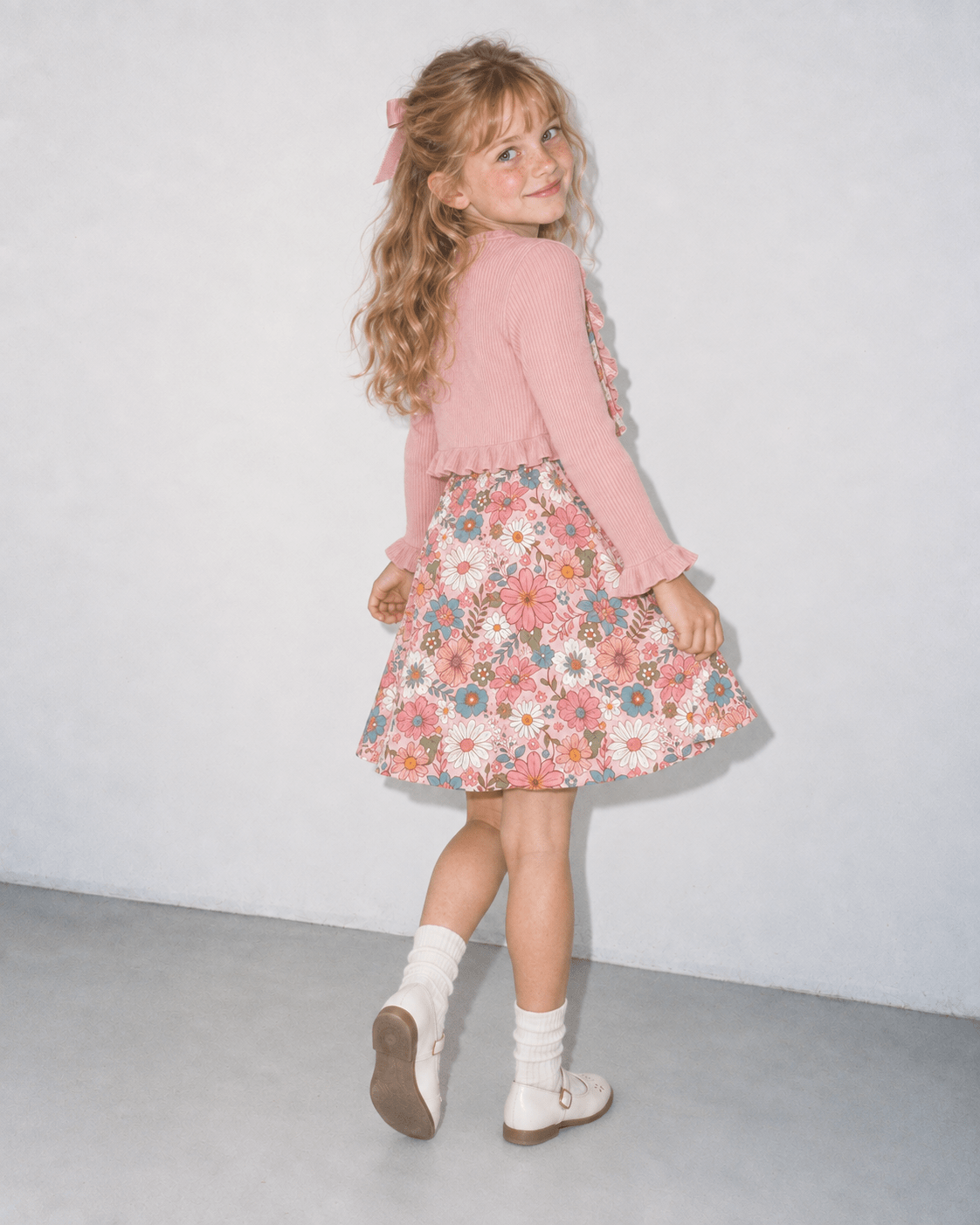 Girl wearing a Pink Daisy Floral dress with matching pink cardigan in a side standing pose, showing the layered outfit and floral skirt shape.