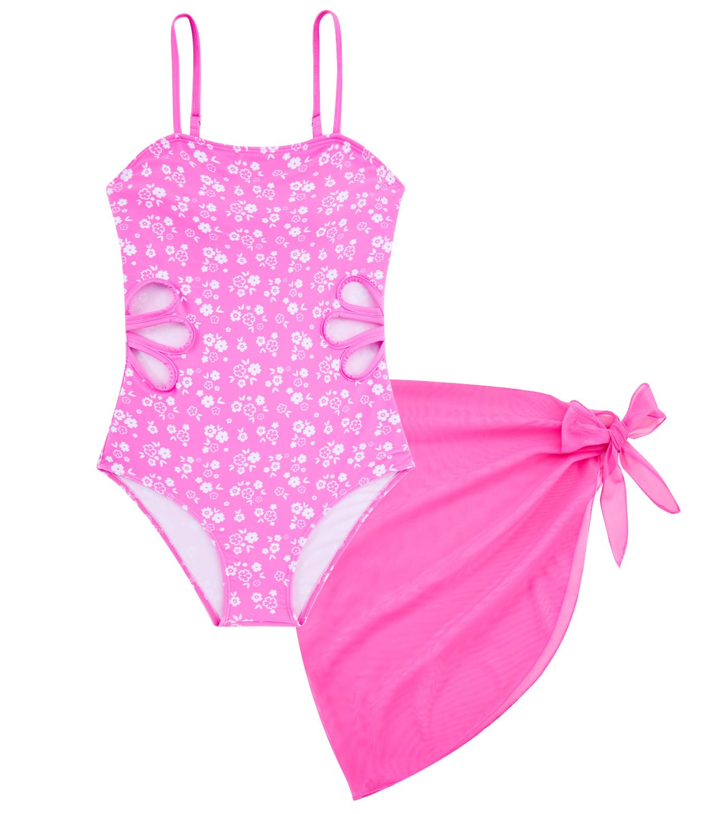 pink floral girls one piece swimsuit with side cutouts and matching wrap cover-up skirt