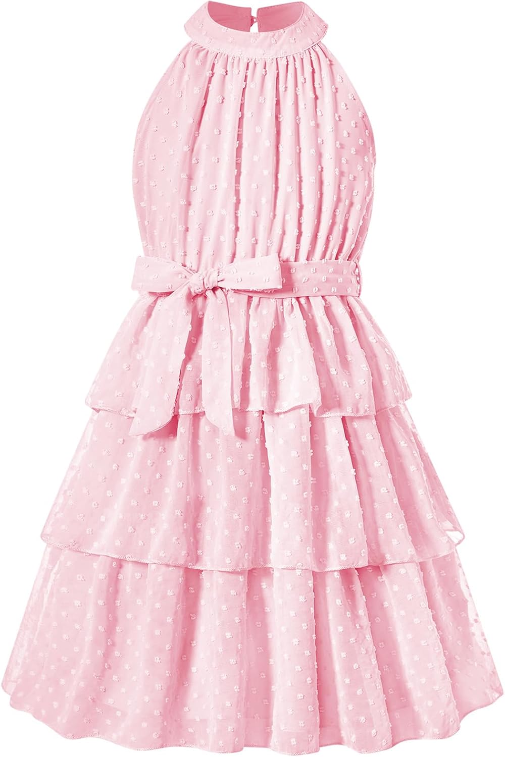 pink girls swiss dot tiered party dress with waist tie elegant princess dress