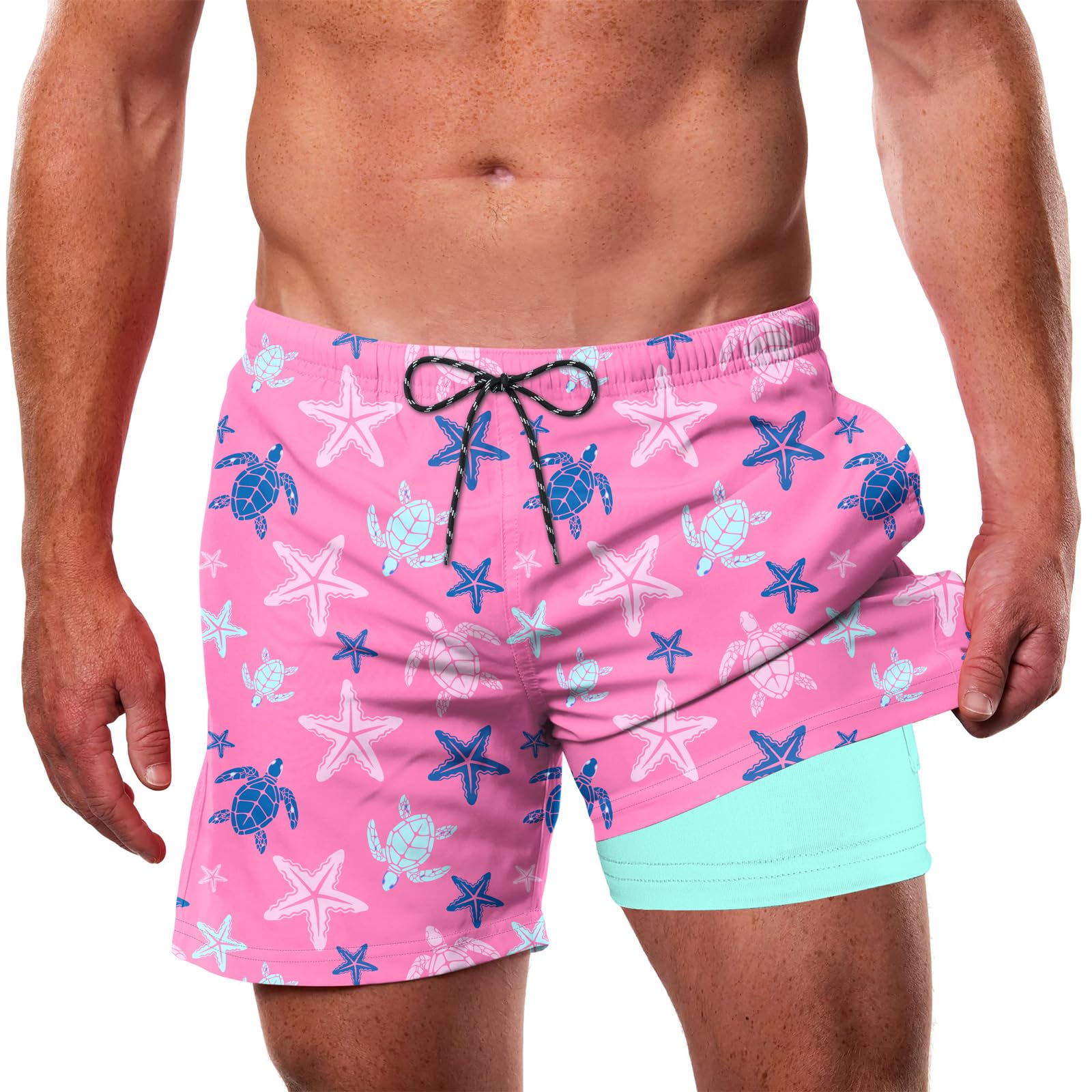 Men's pink turtle print swim shorts with tropical beach style